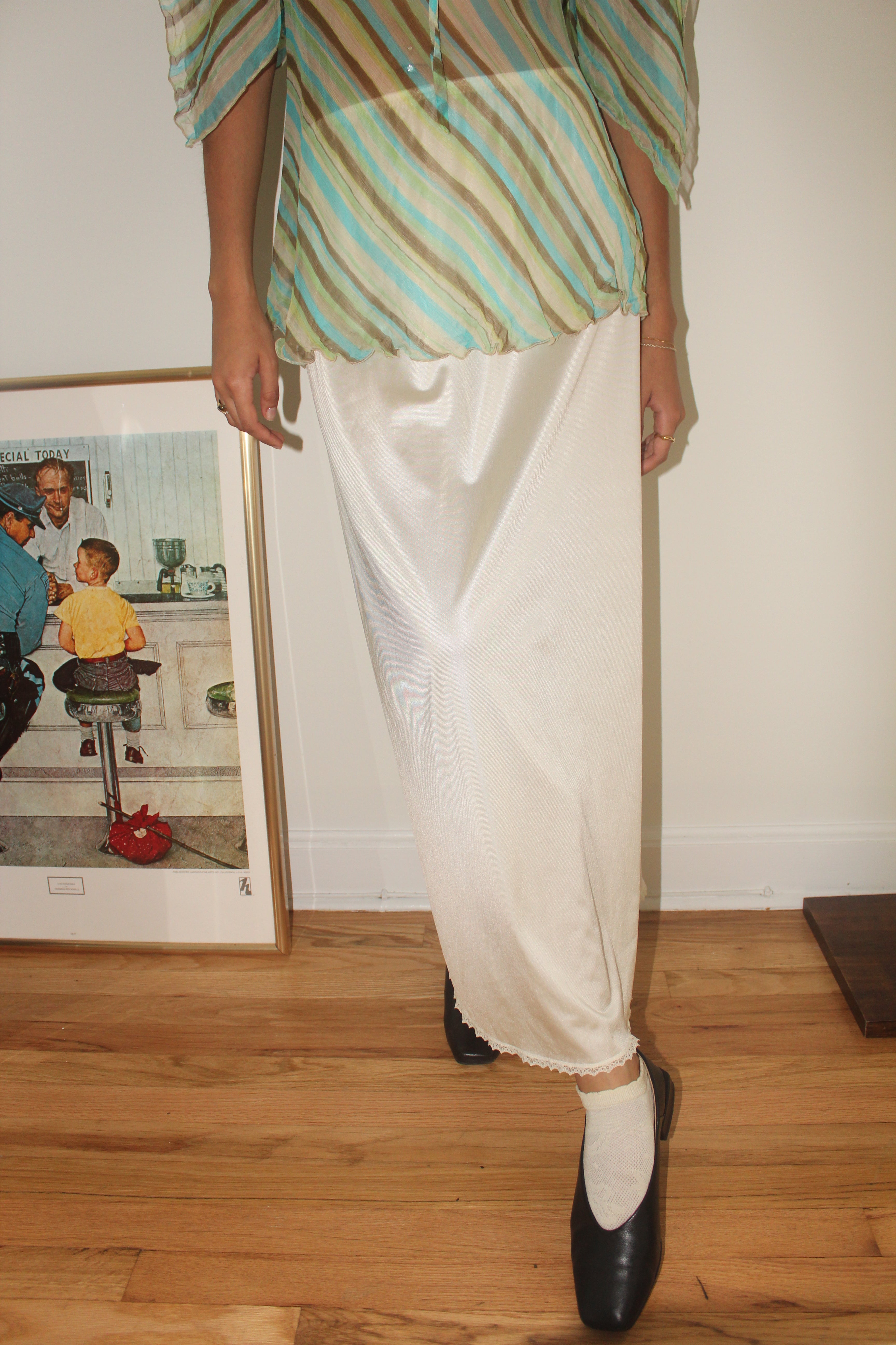 Vintage 80s Classic Cream Silk Midi Skirt (S/M)