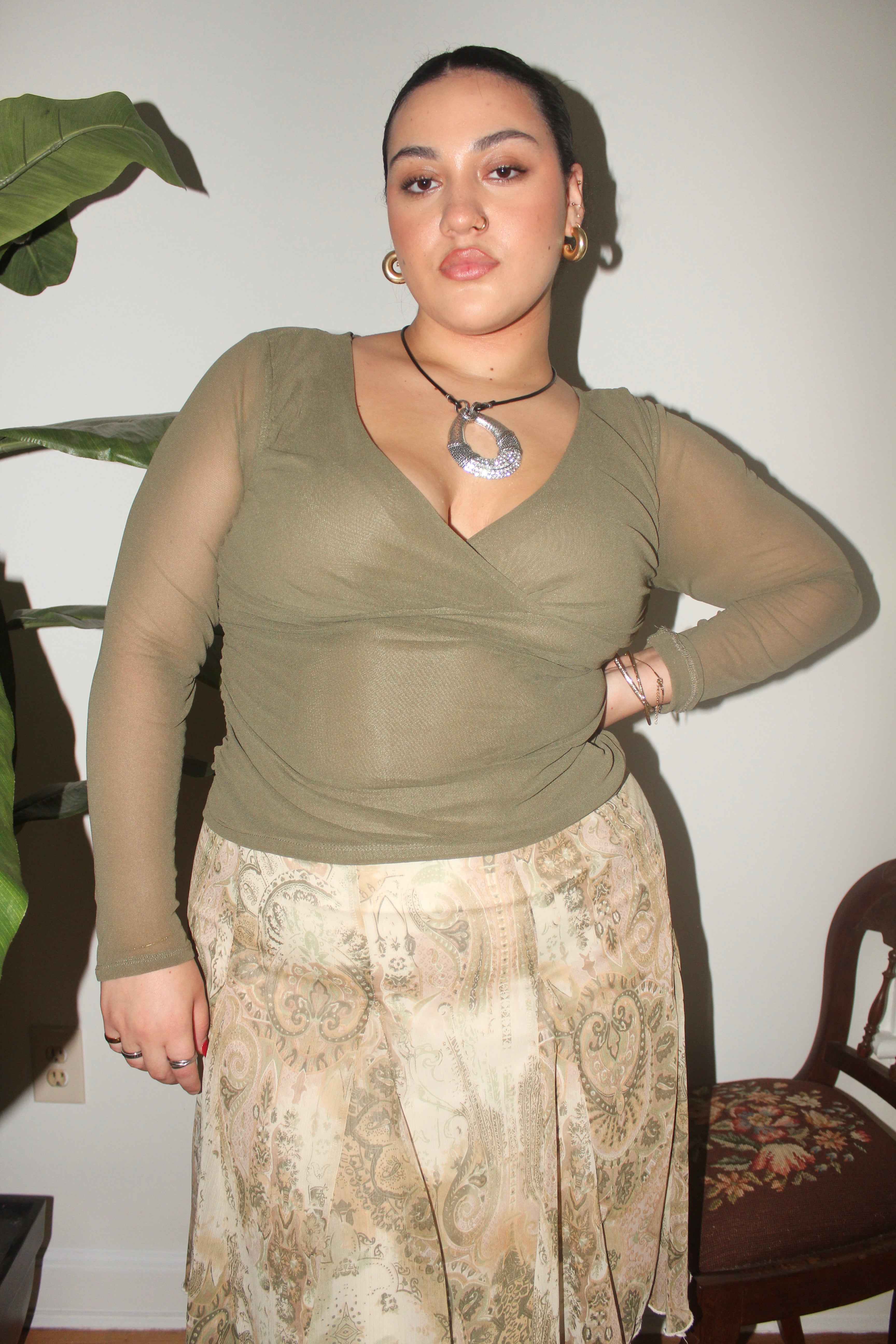 Vintage 90s Olive Gauzy Long Sleeve Knit (L)