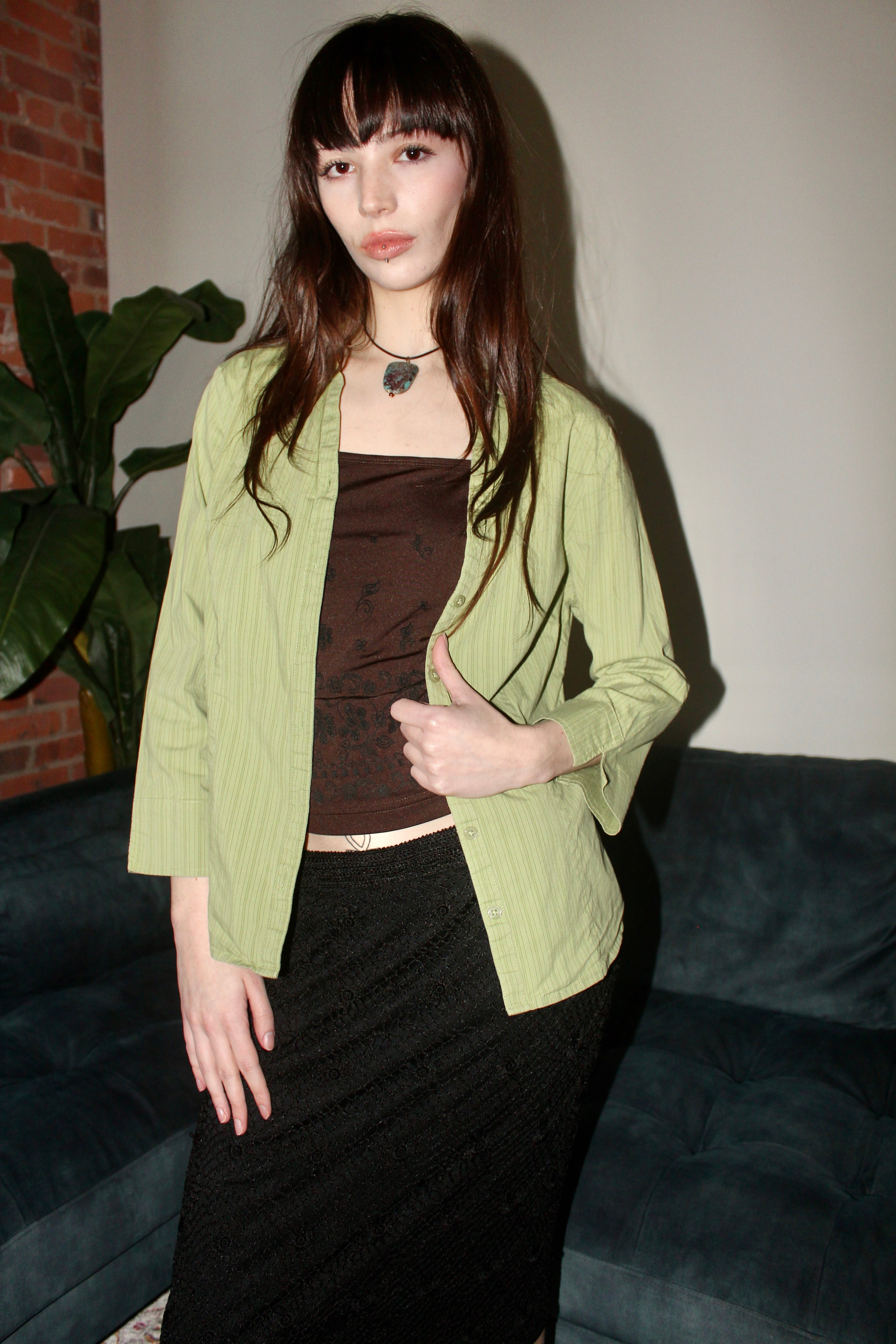 Vintage 90s Green Striped Button Up (S)
