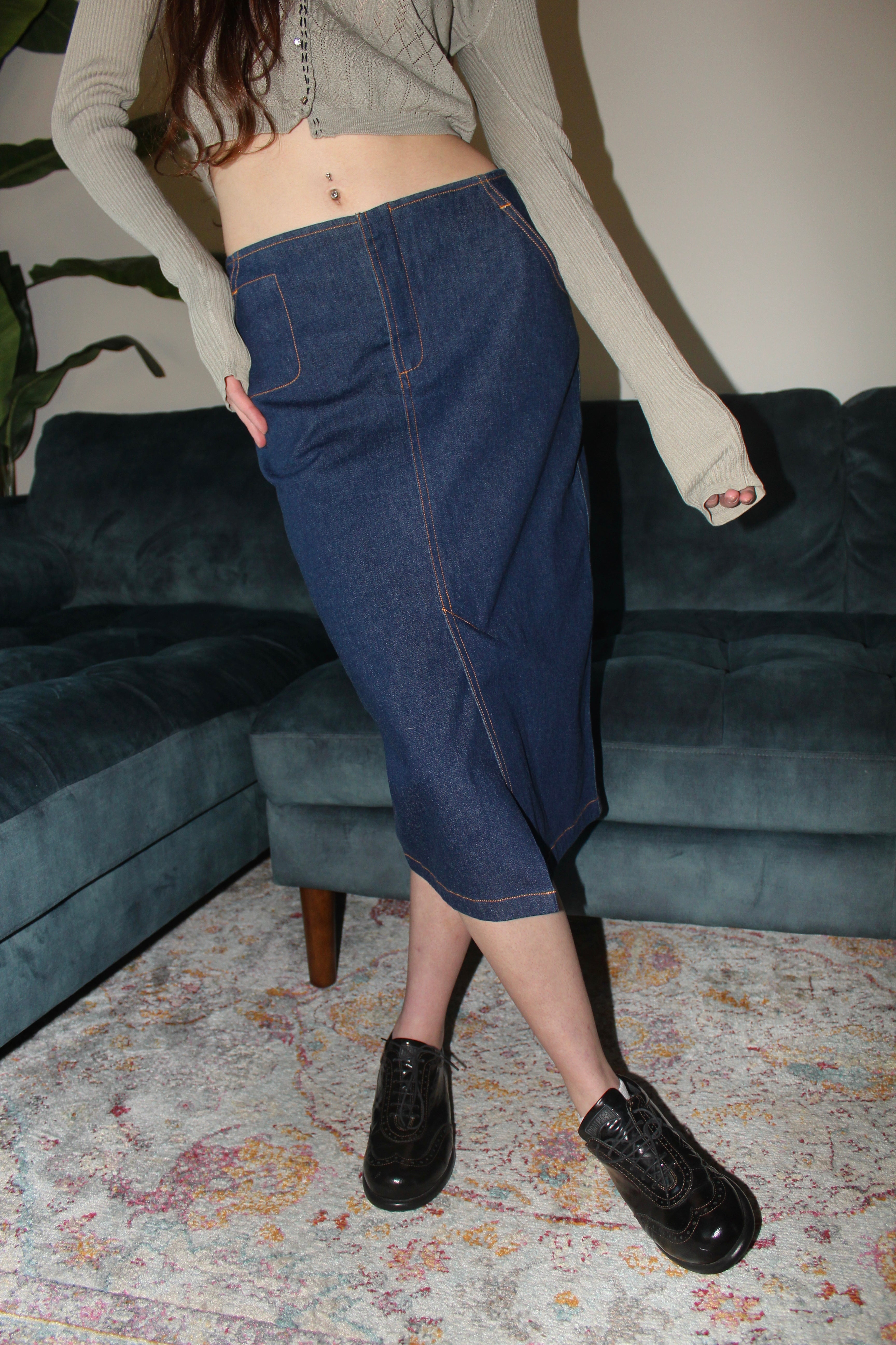 Vintage 90s Denim Midi Skirt w/ Pockets (S)