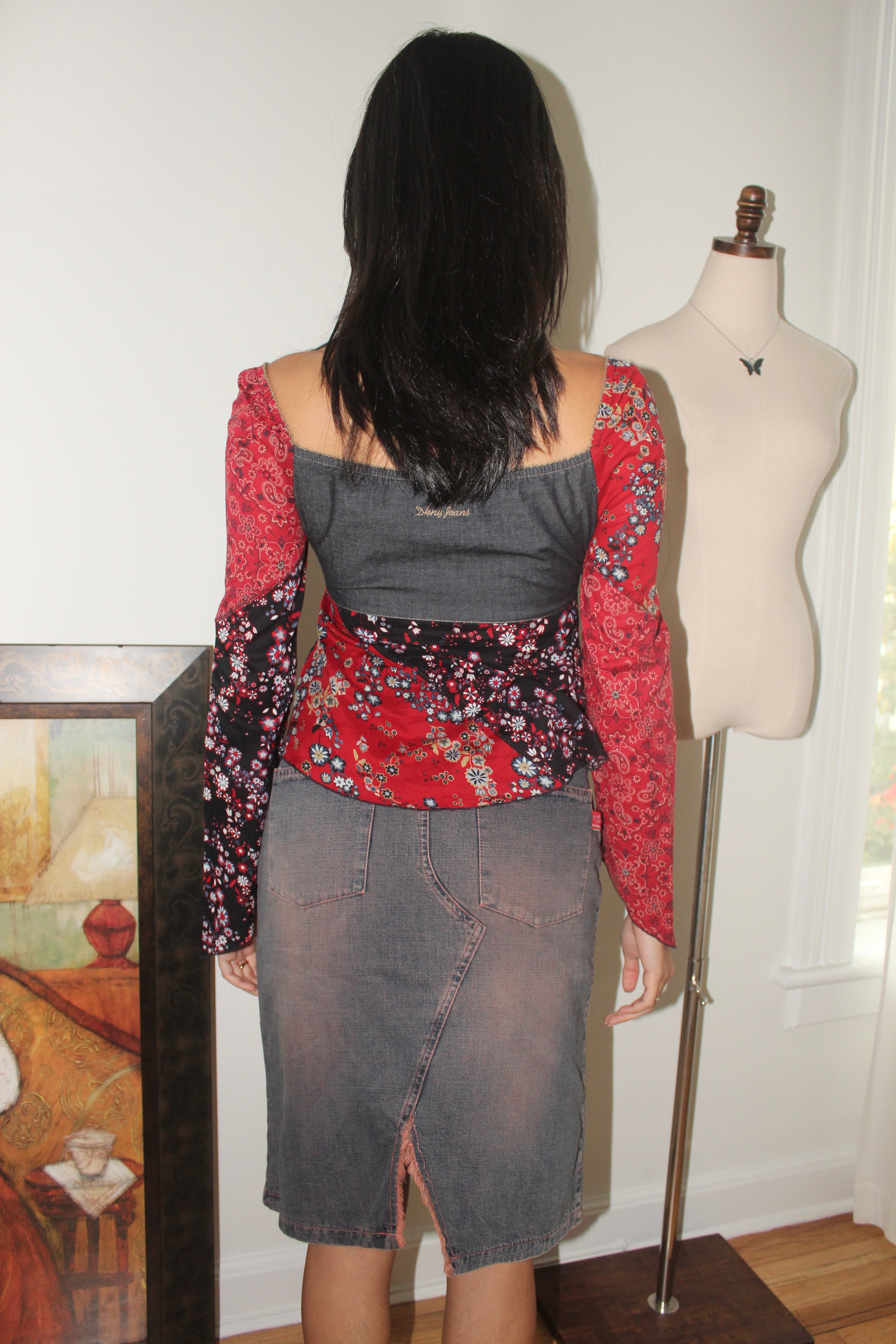 Vintage Y2K DKNY Patchwork Denim Boho Blouse (XS/S)