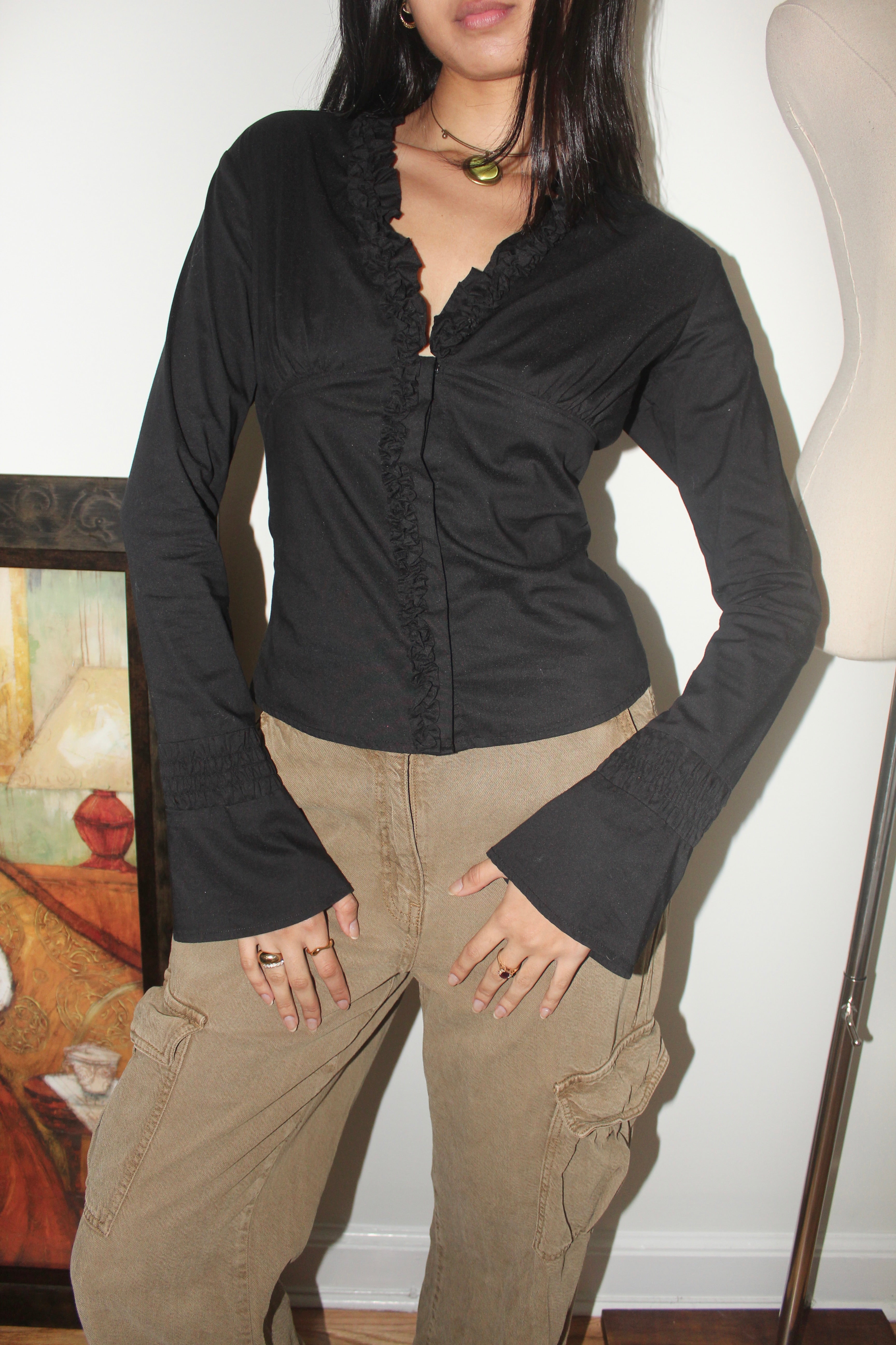 Vintage 90s Flared Sleeve Ruffled Blouse (S)