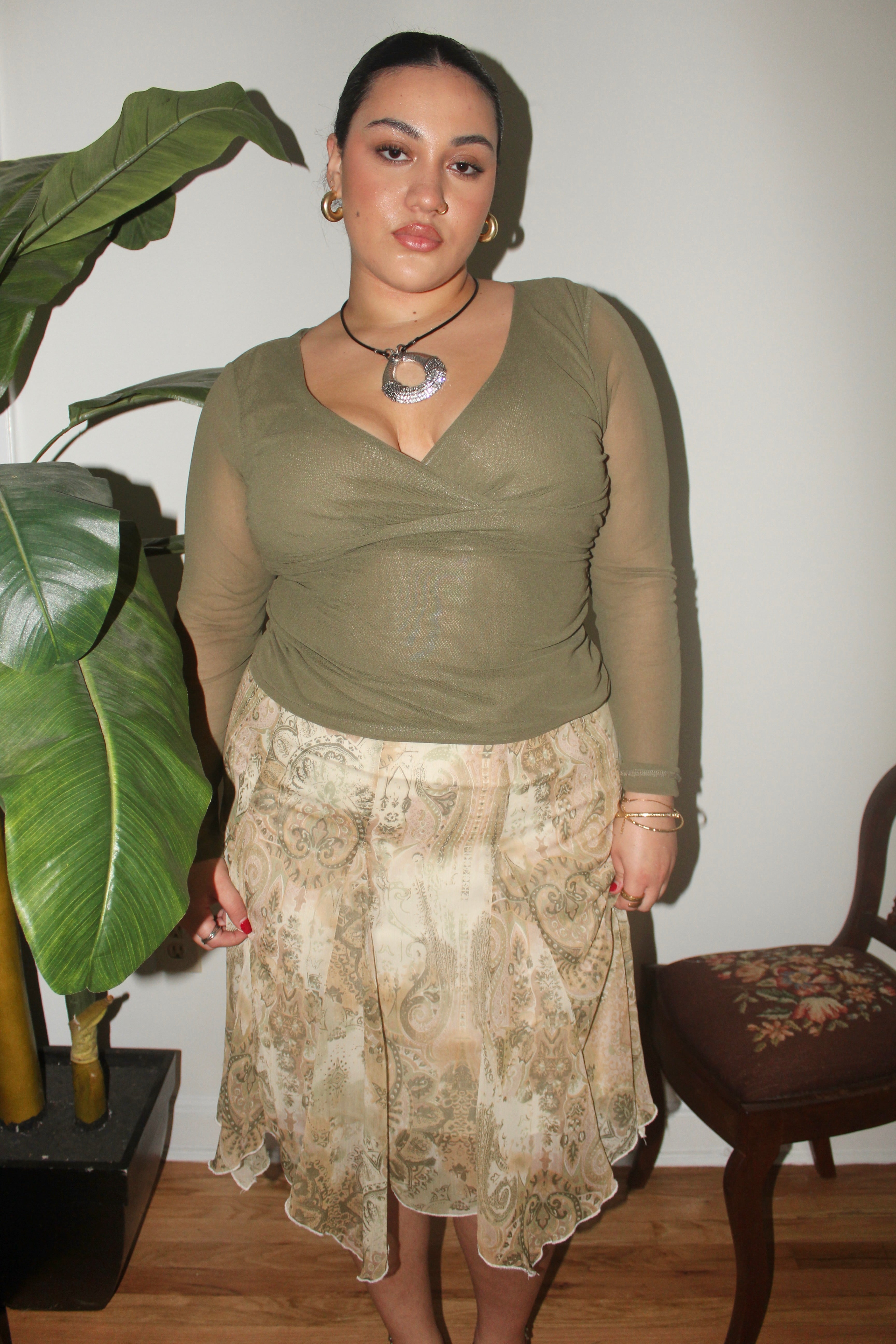 Vintage 90s Olive Gauzy Long Sleeve Knit (L)