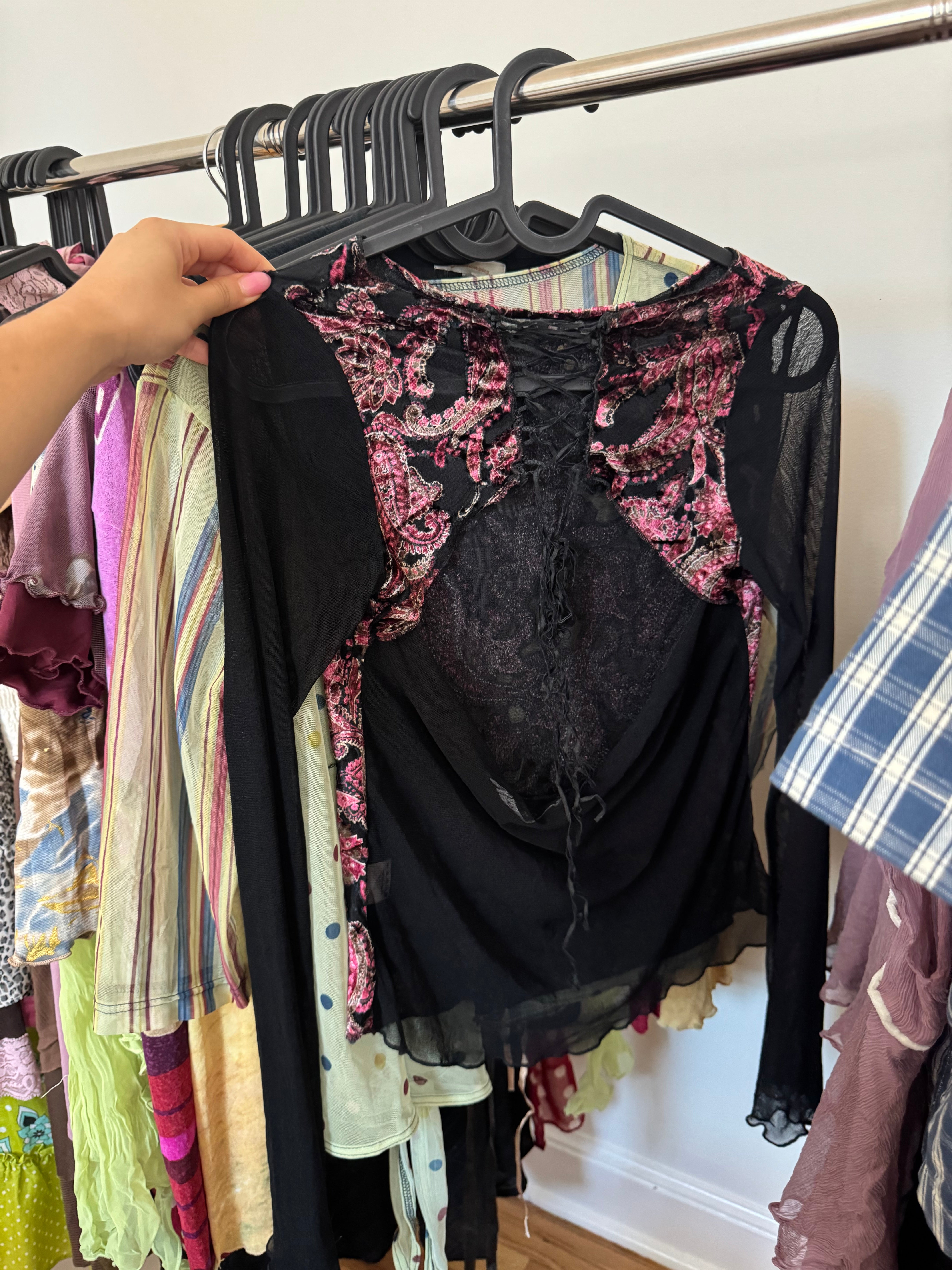 Vintage 90s Open Back Velvet Mesh Lace Up Top (S)