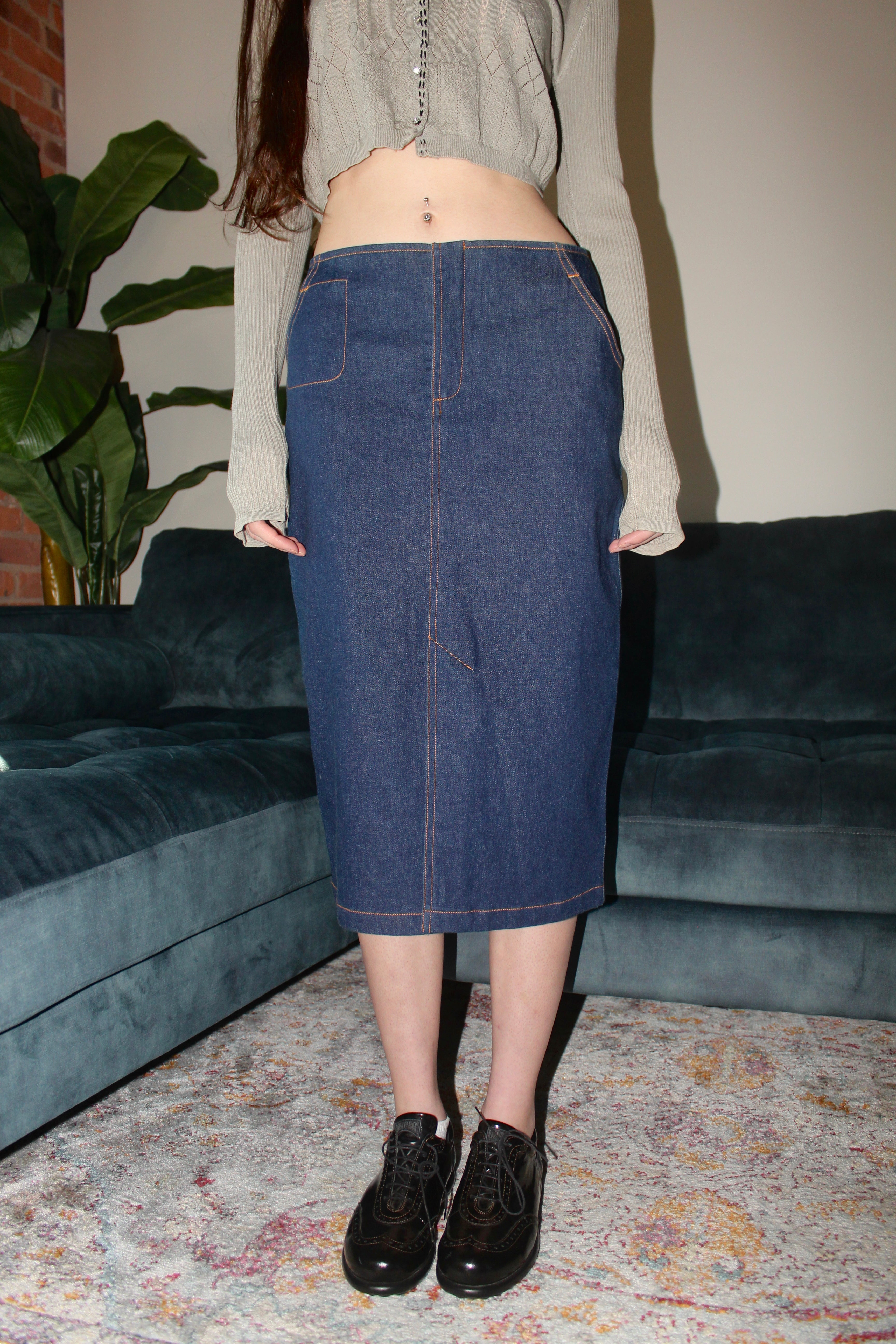 Vintage 90s Denim Midi Skirt w/ Pockets (S)