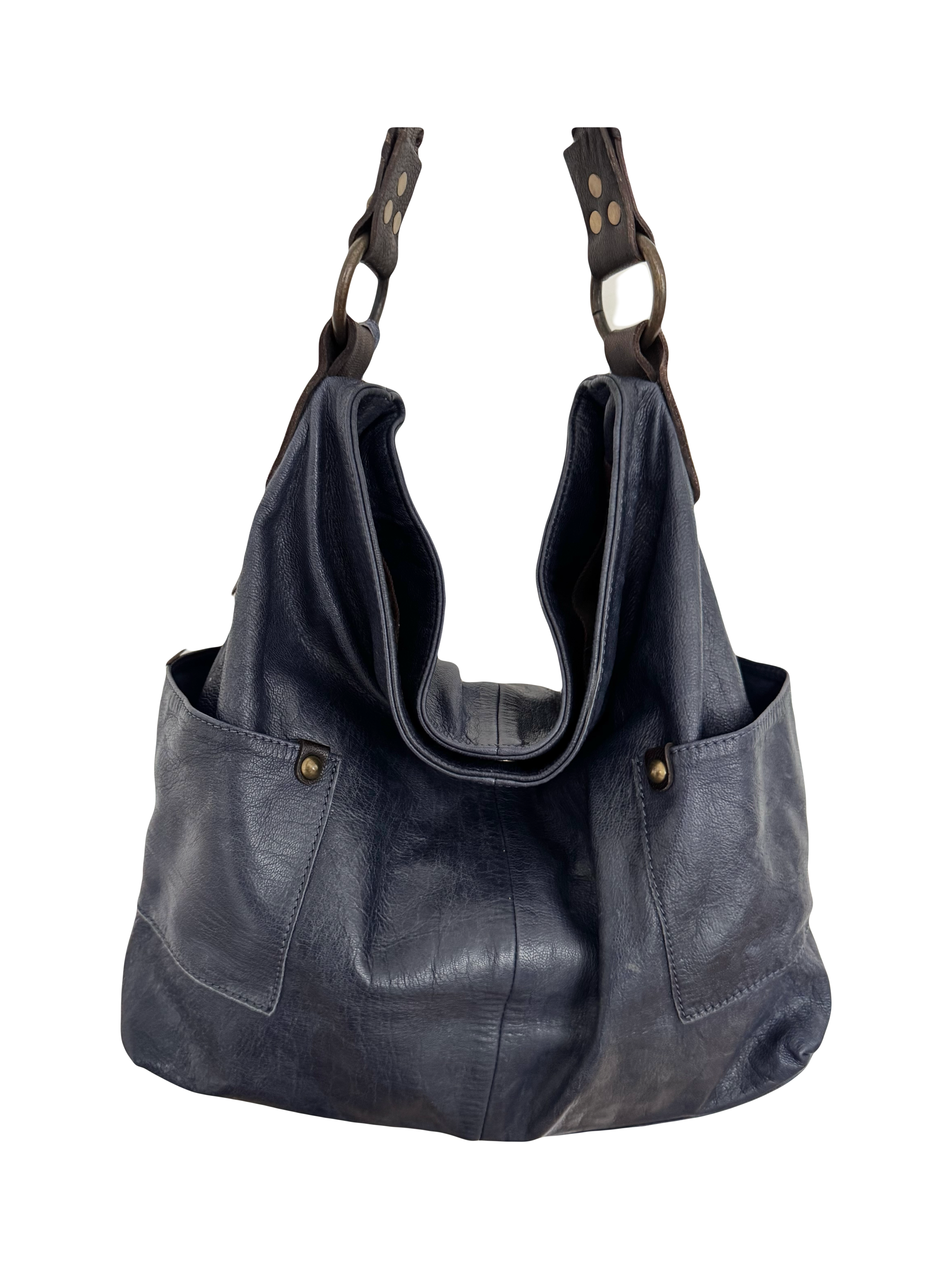 Vintage Navy Blue Leather Slouchy Moto Purse