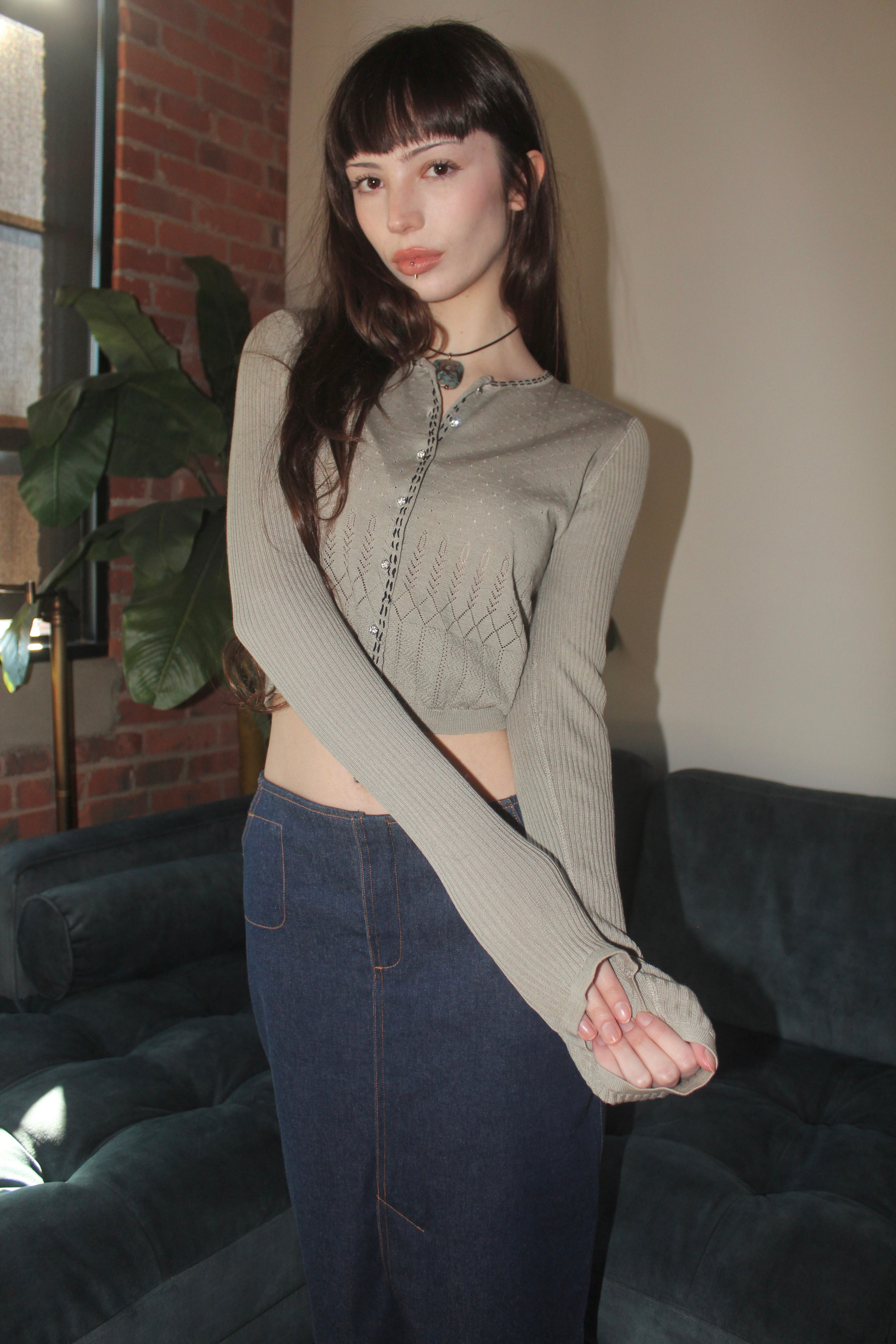 Vintage Cropped Grey Detailed Knit Cardigan (S)