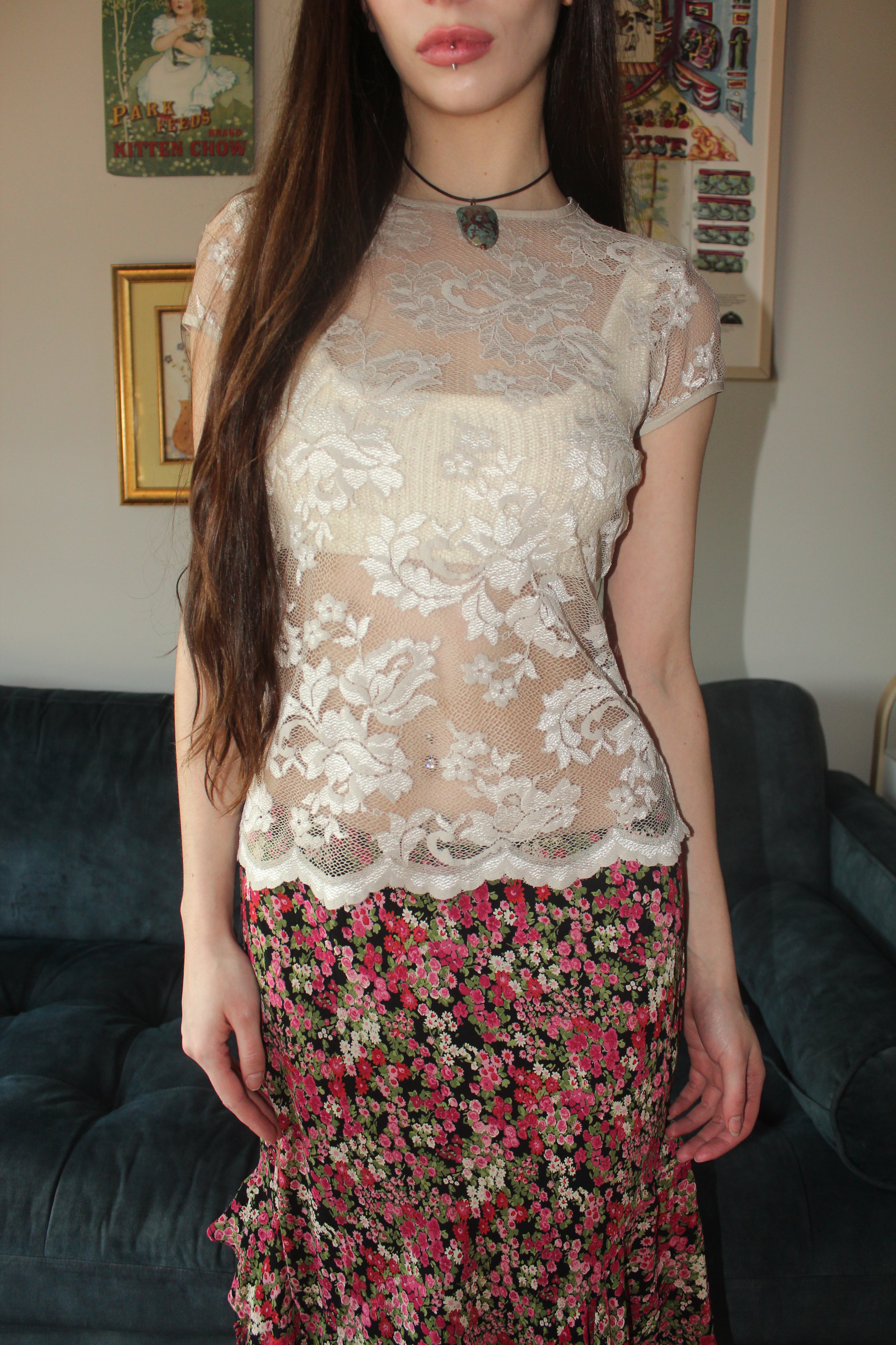 Vintage 90s Taupe Lace Knit Top (S)