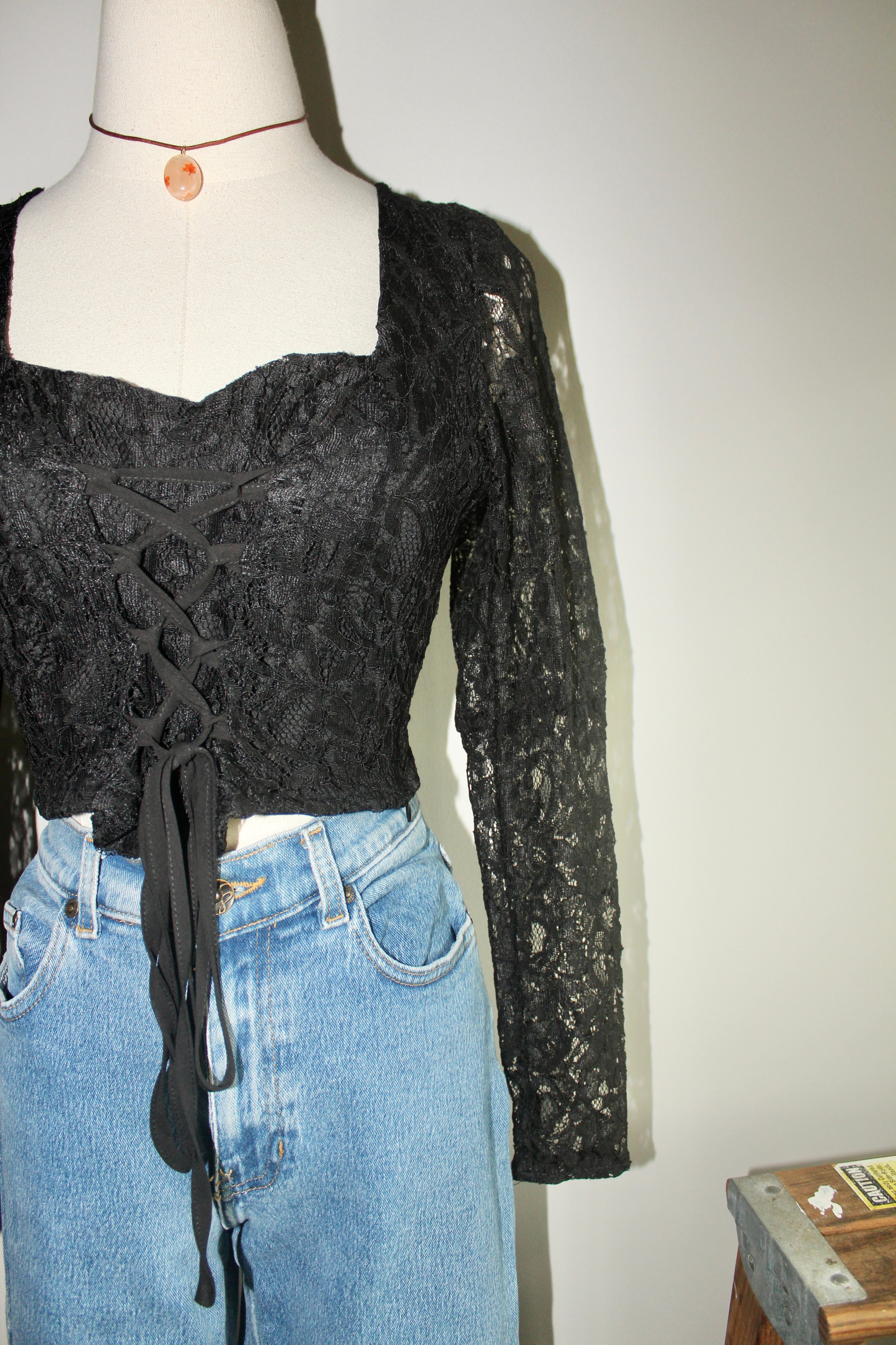 Vintage Sheer Lace Up Blouse (S)
