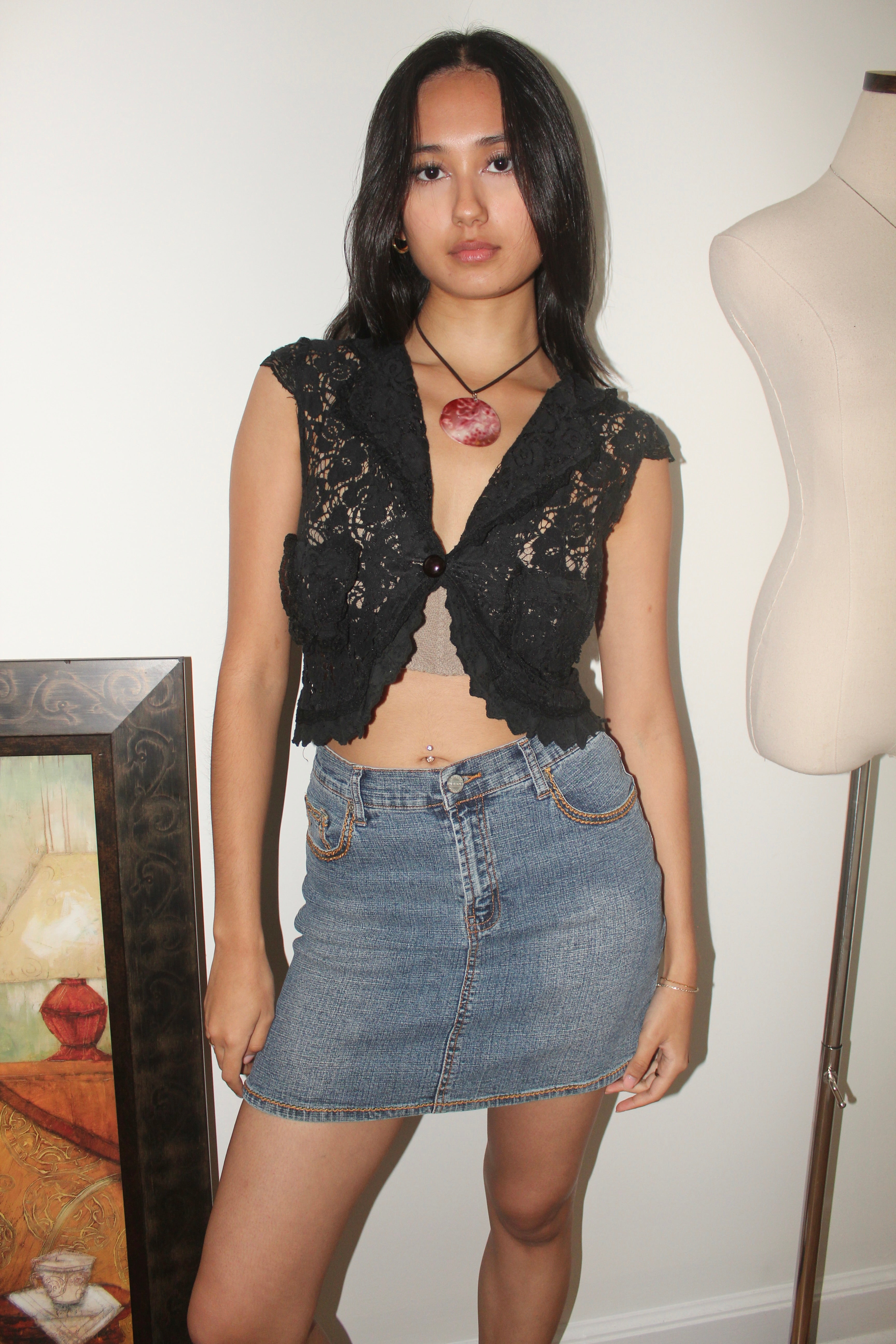 Vintage 90s Cropped Lace Vest Top (XS)