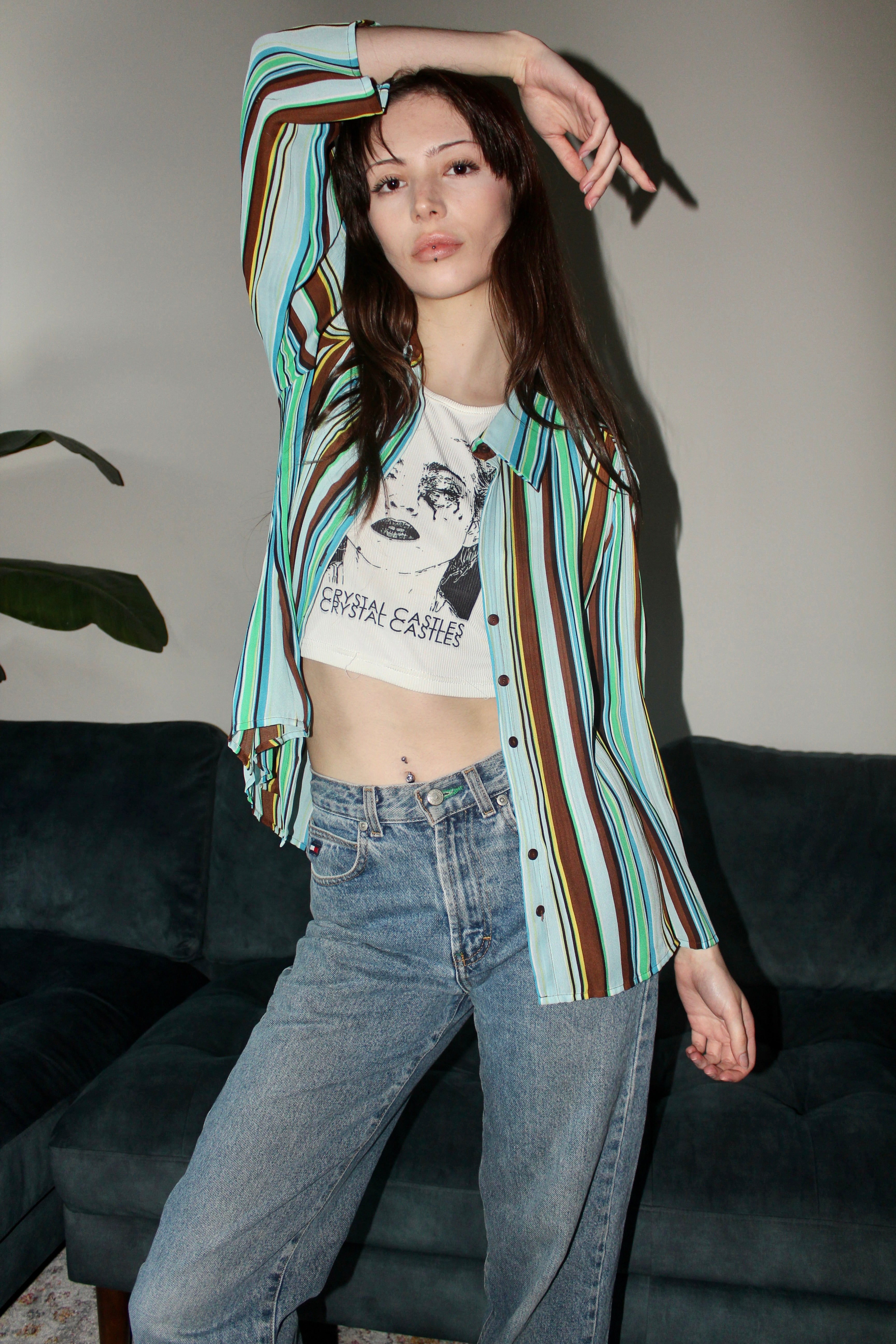 Vintage 00s Striped Pleated Blouse (M)