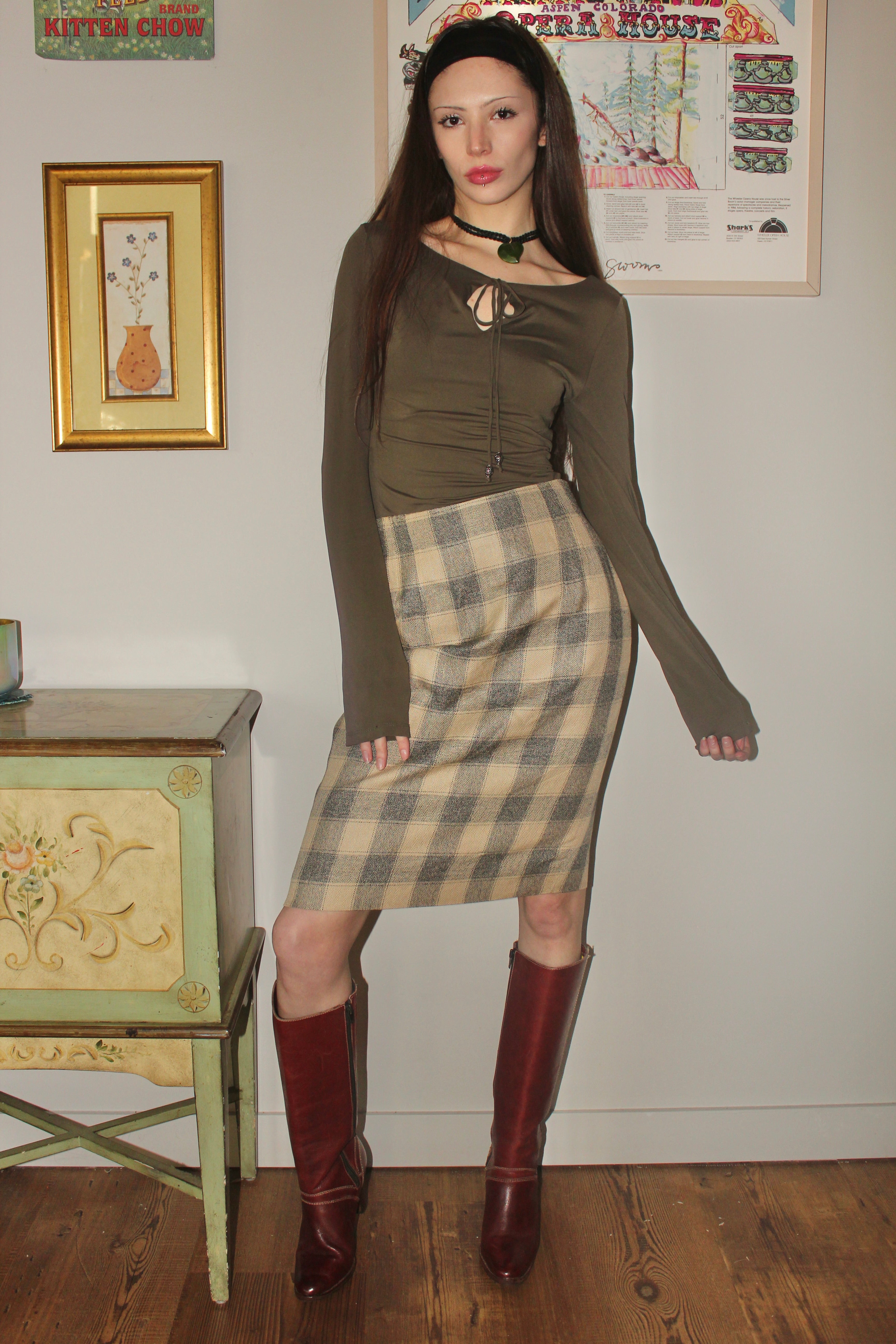 Vintage 80s Retro Plaid Midi Skirt (S/M)