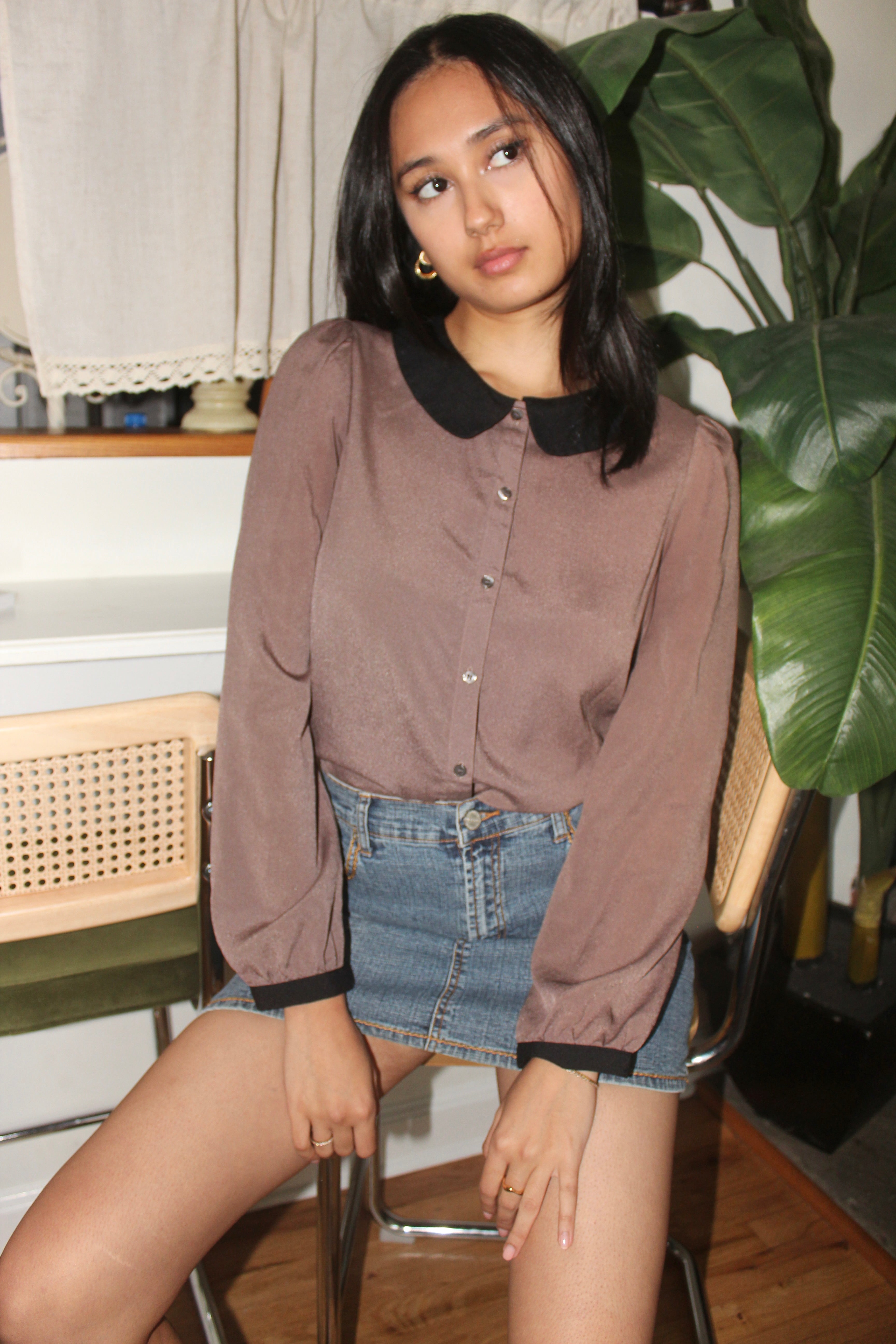 Vintage 80s Poet Contrast Collar Blouse (S)