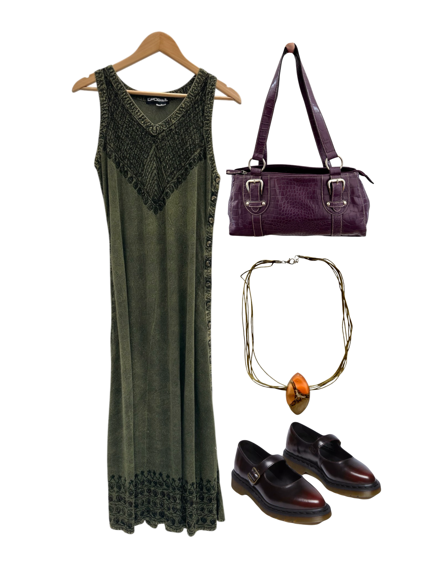 Vintage 90s Olive Textured Tie Back Midi Dress (S)