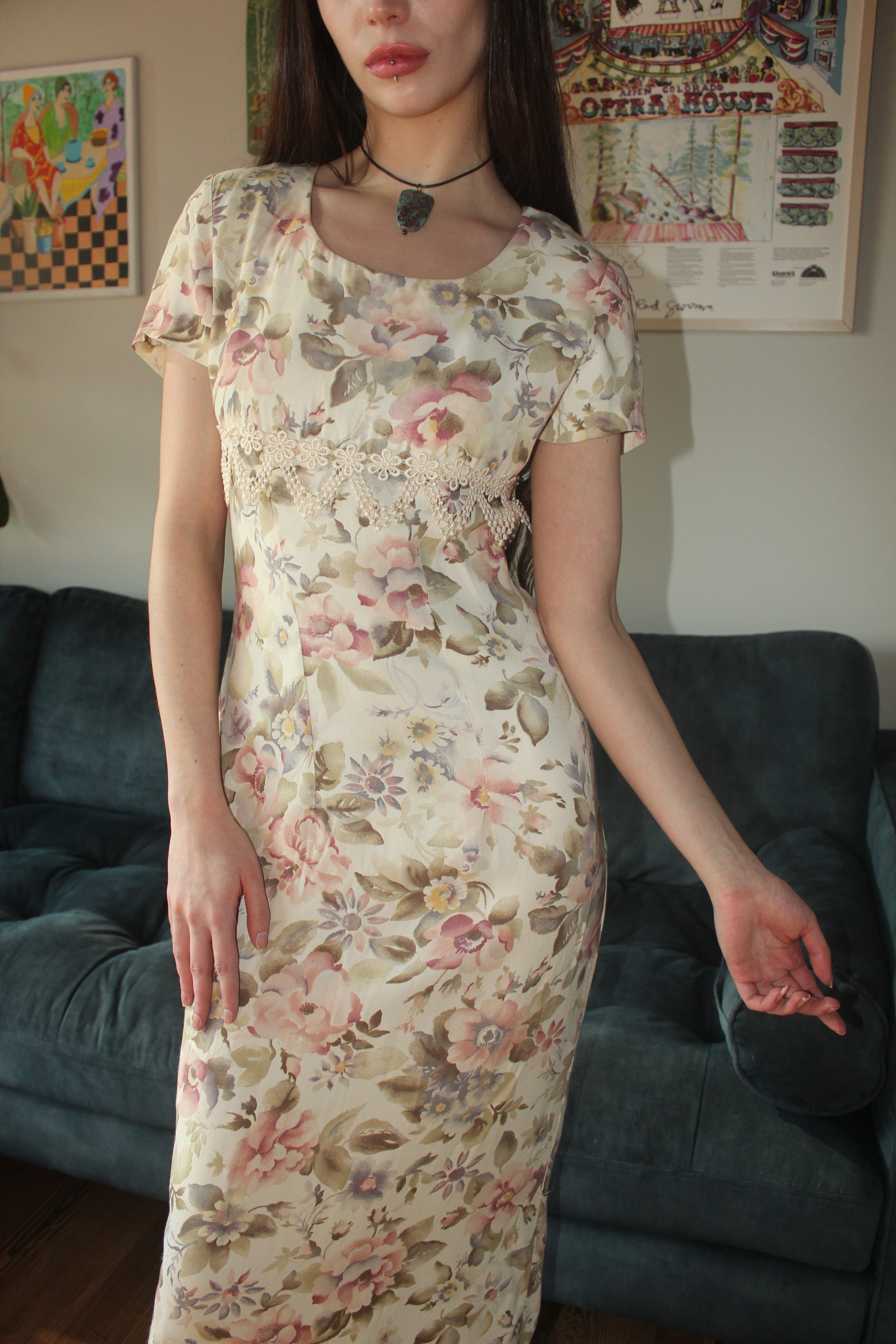 Vintage 80s Floral Prairie Midi Dress (S)