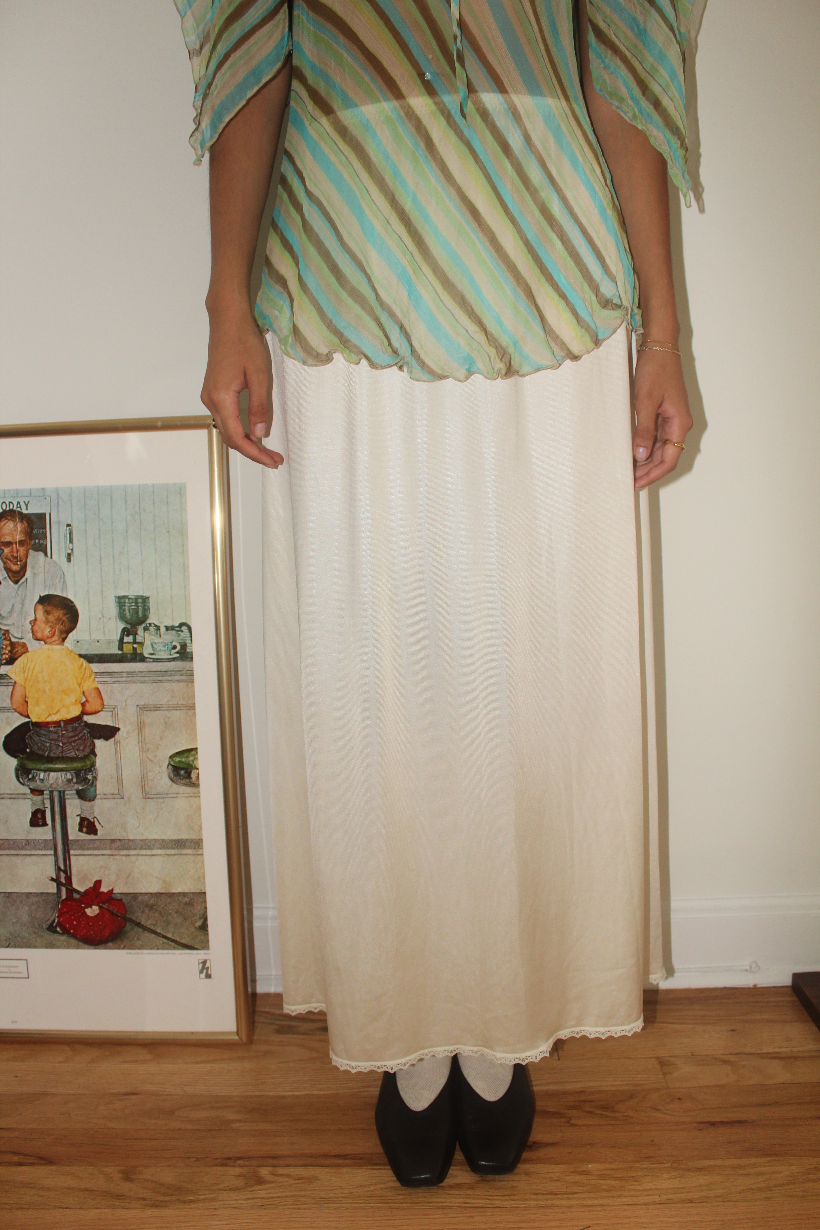 Vintage 80s Classic Cream Silk Midi Skirt (S/M)