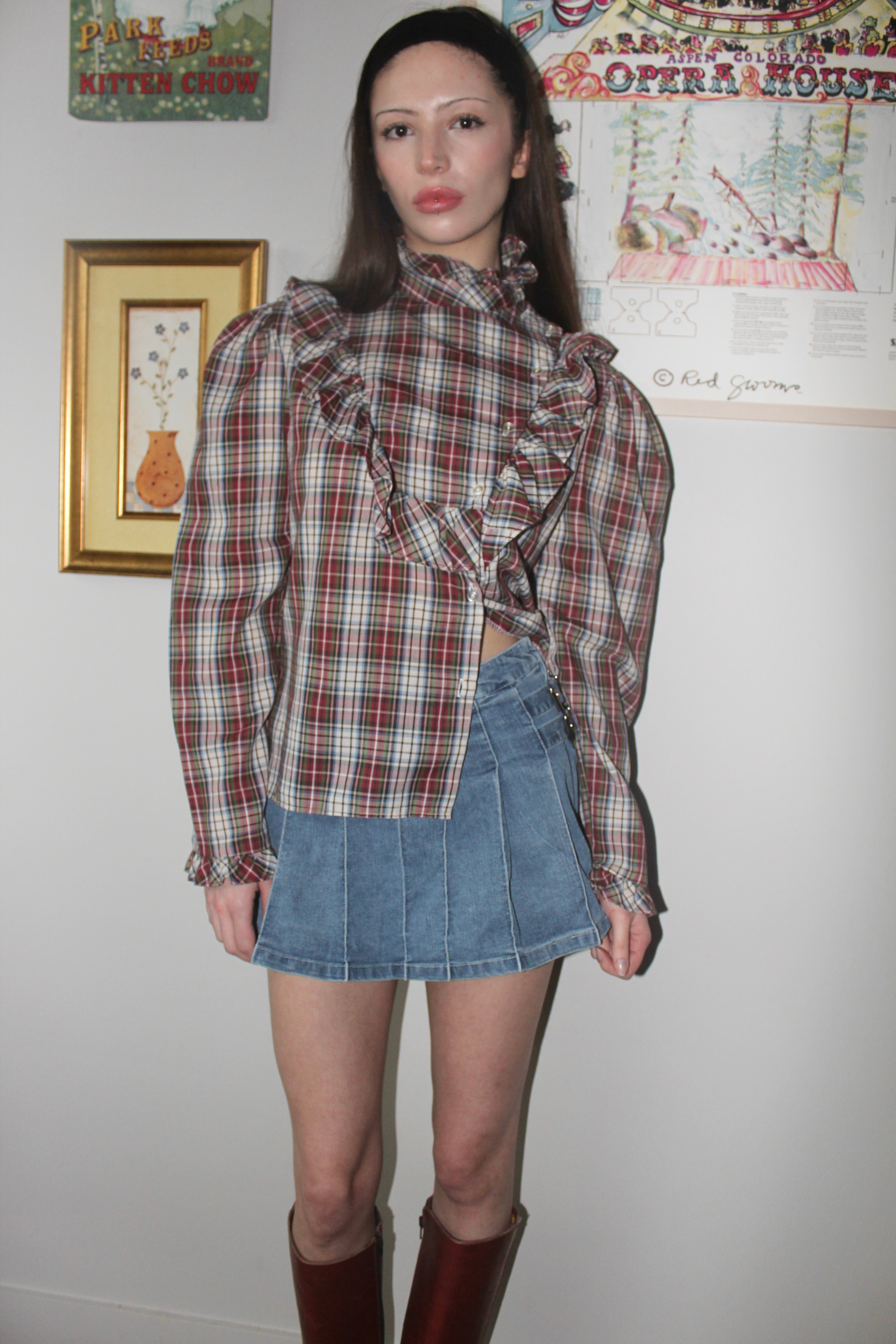 Vintage 80s Ruffled Plaid Button Up (S/M)