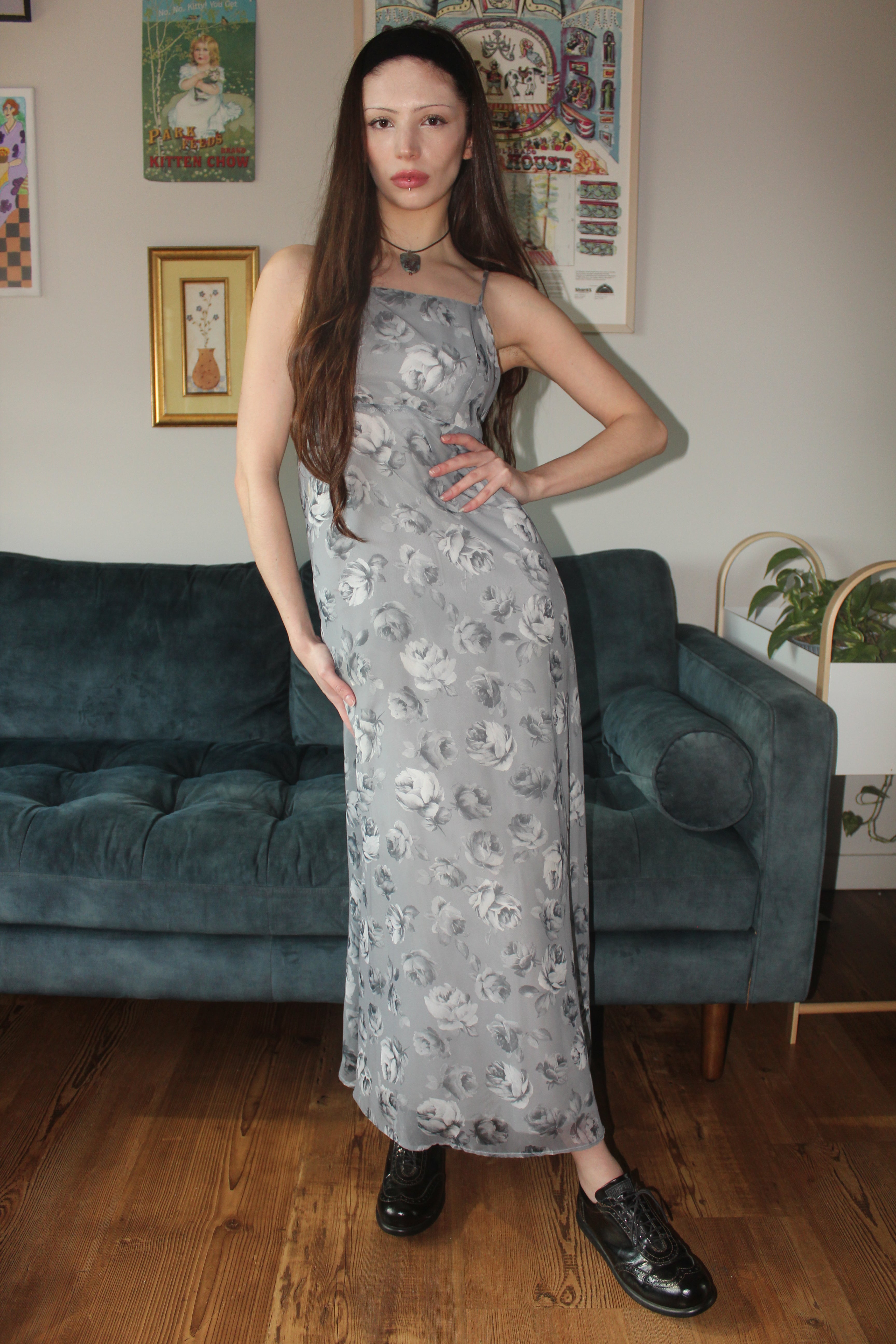 Vintage 90s Floral Tie Midi Dress (S)