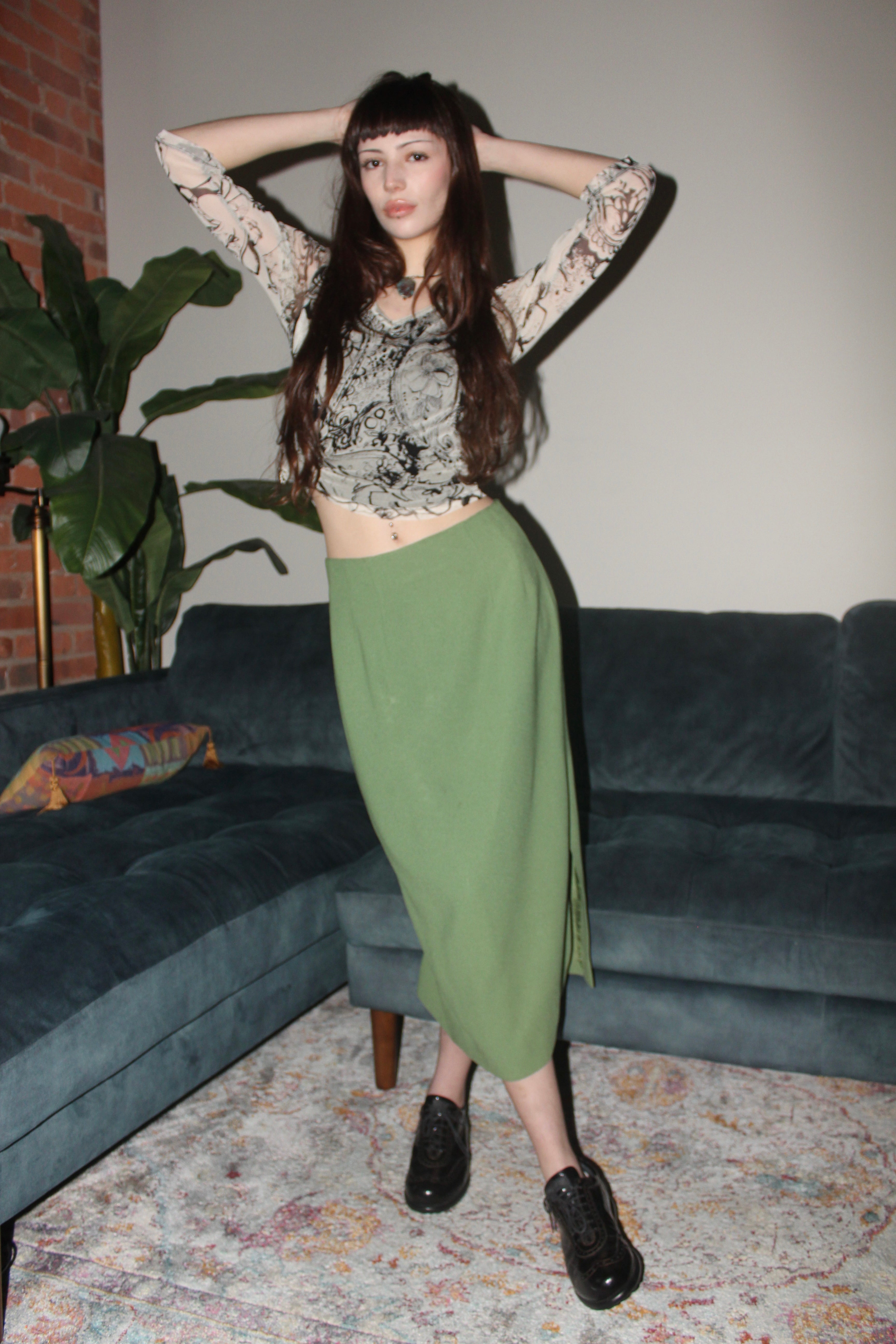 Vintage 90s Avocado Midi Skirt (M)