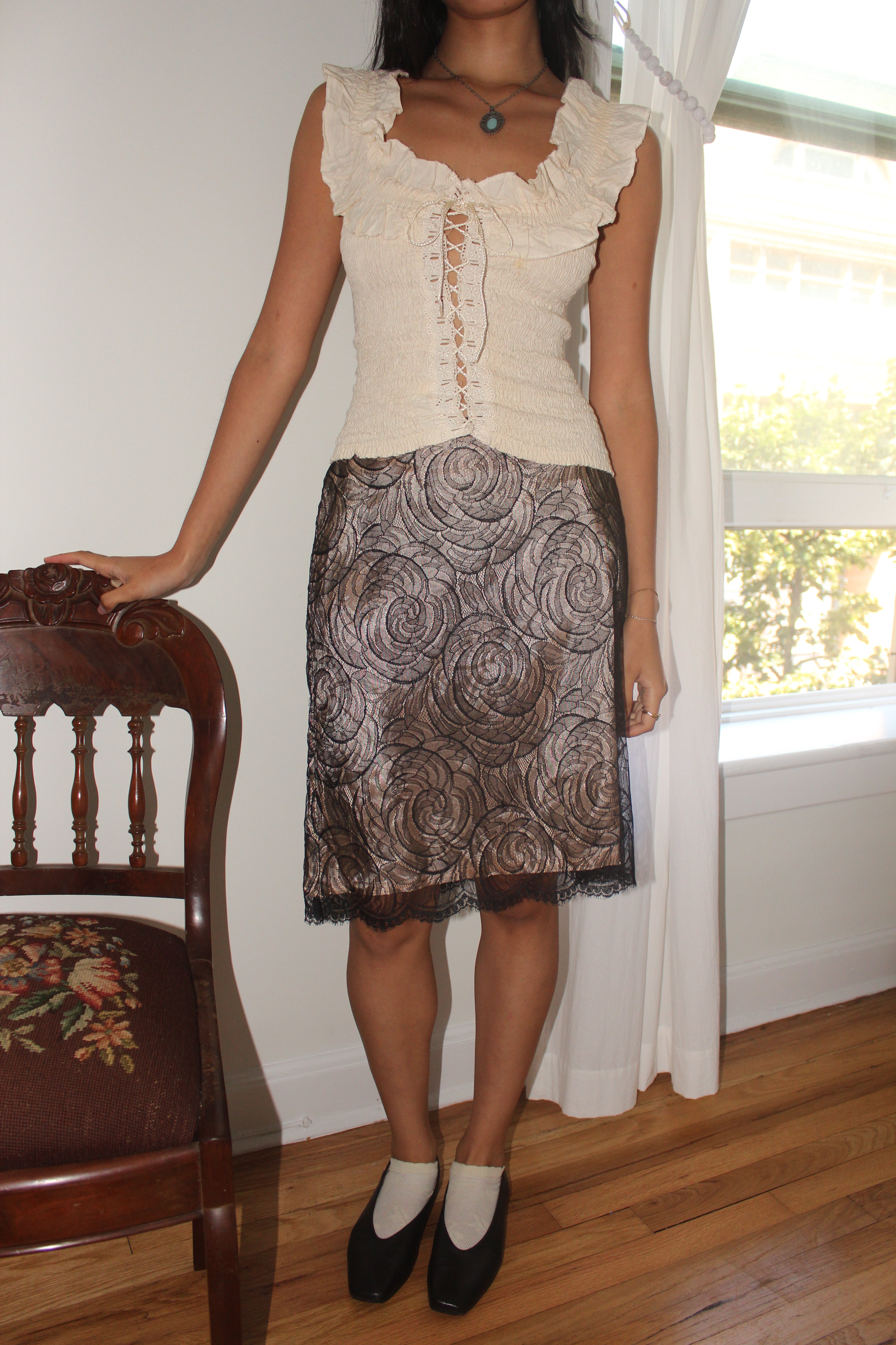 Vintage 90s Lace Overlay Midi Skirt (S)