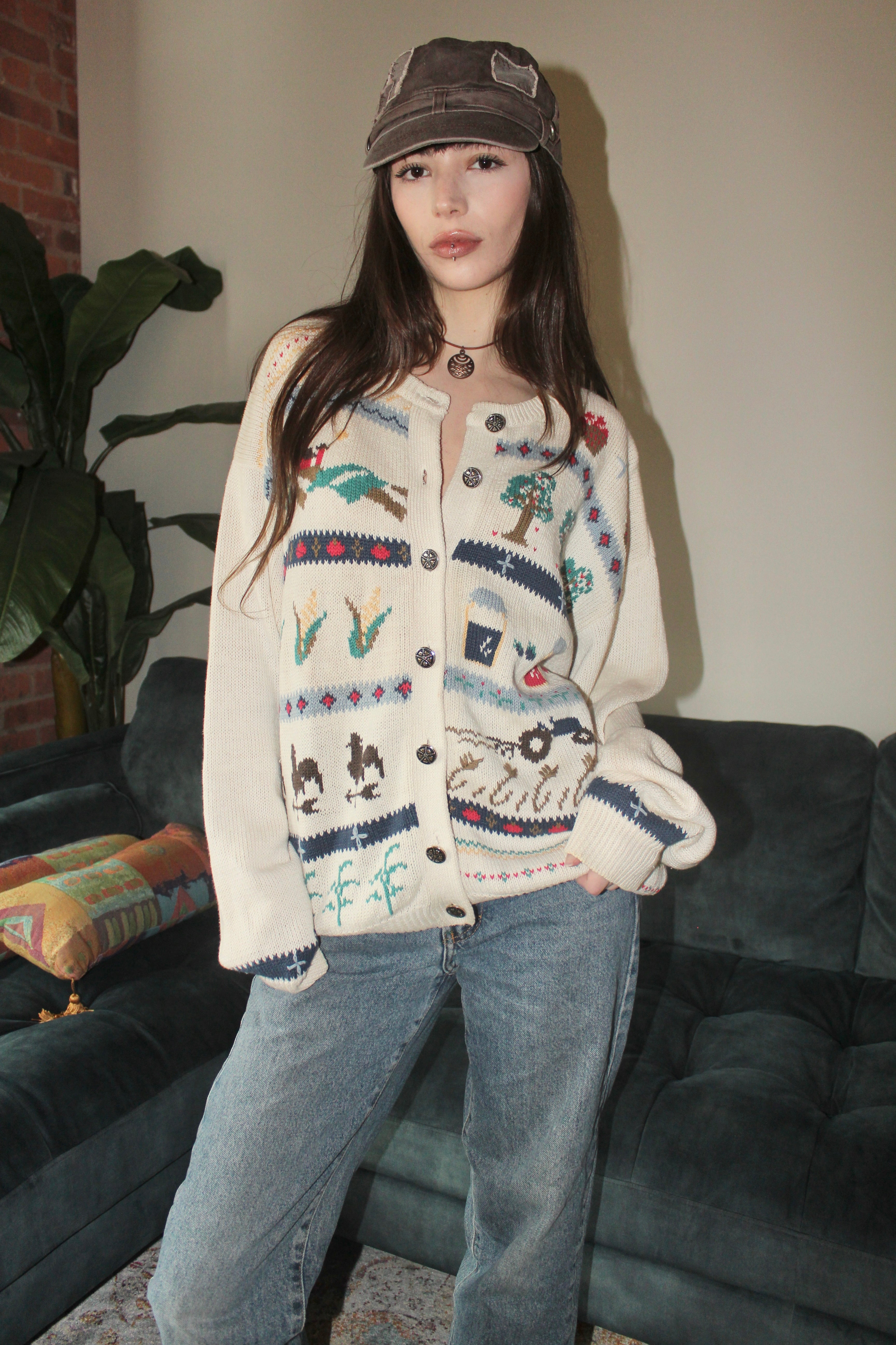 Vintage 90s Farmhouse Embroidered Cardigan (L)