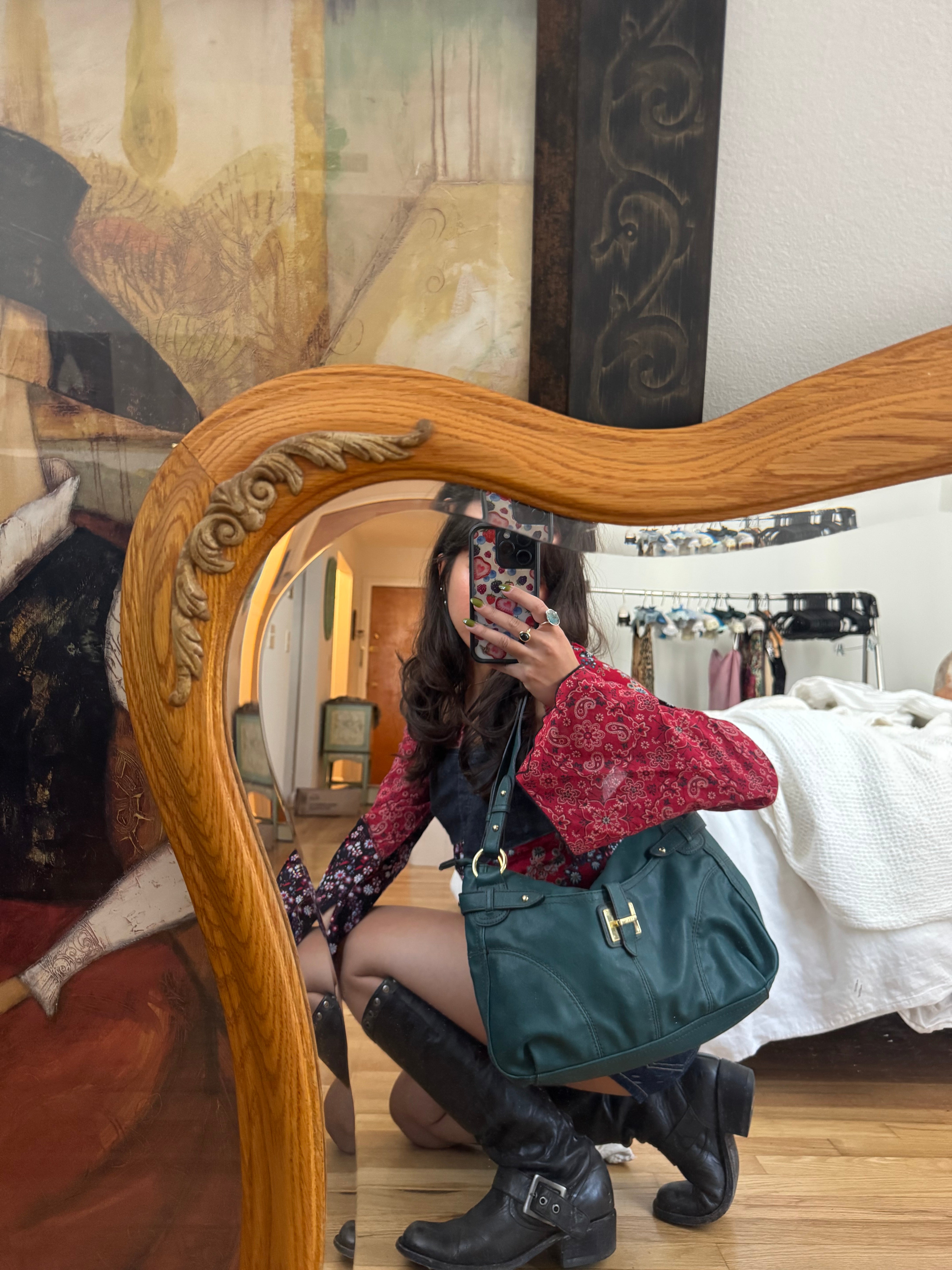 Vintage 90s Teal Leather Shoulder Purse