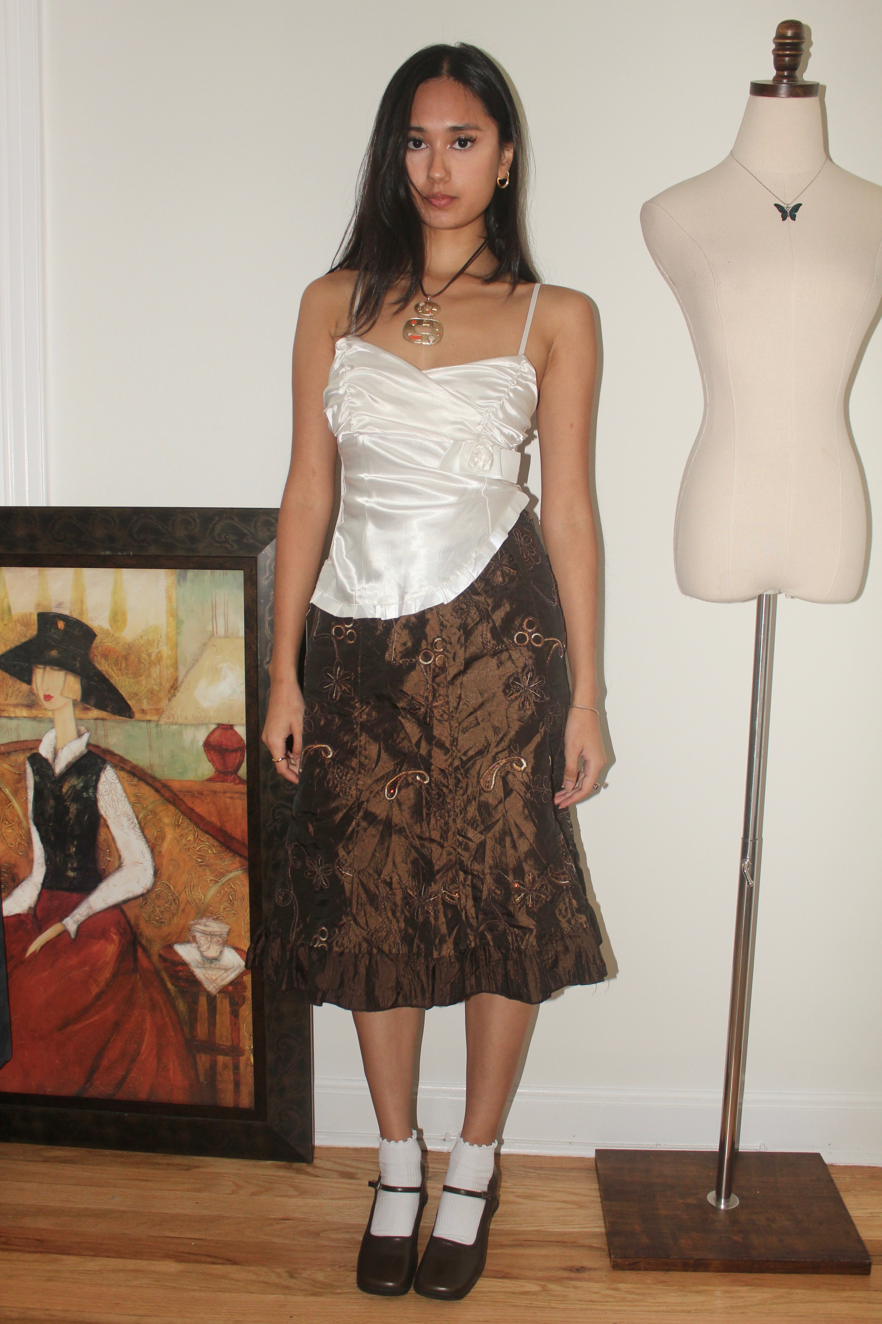 Vintage 90s Textured Beaded Ruffled Midi Skirt (S)