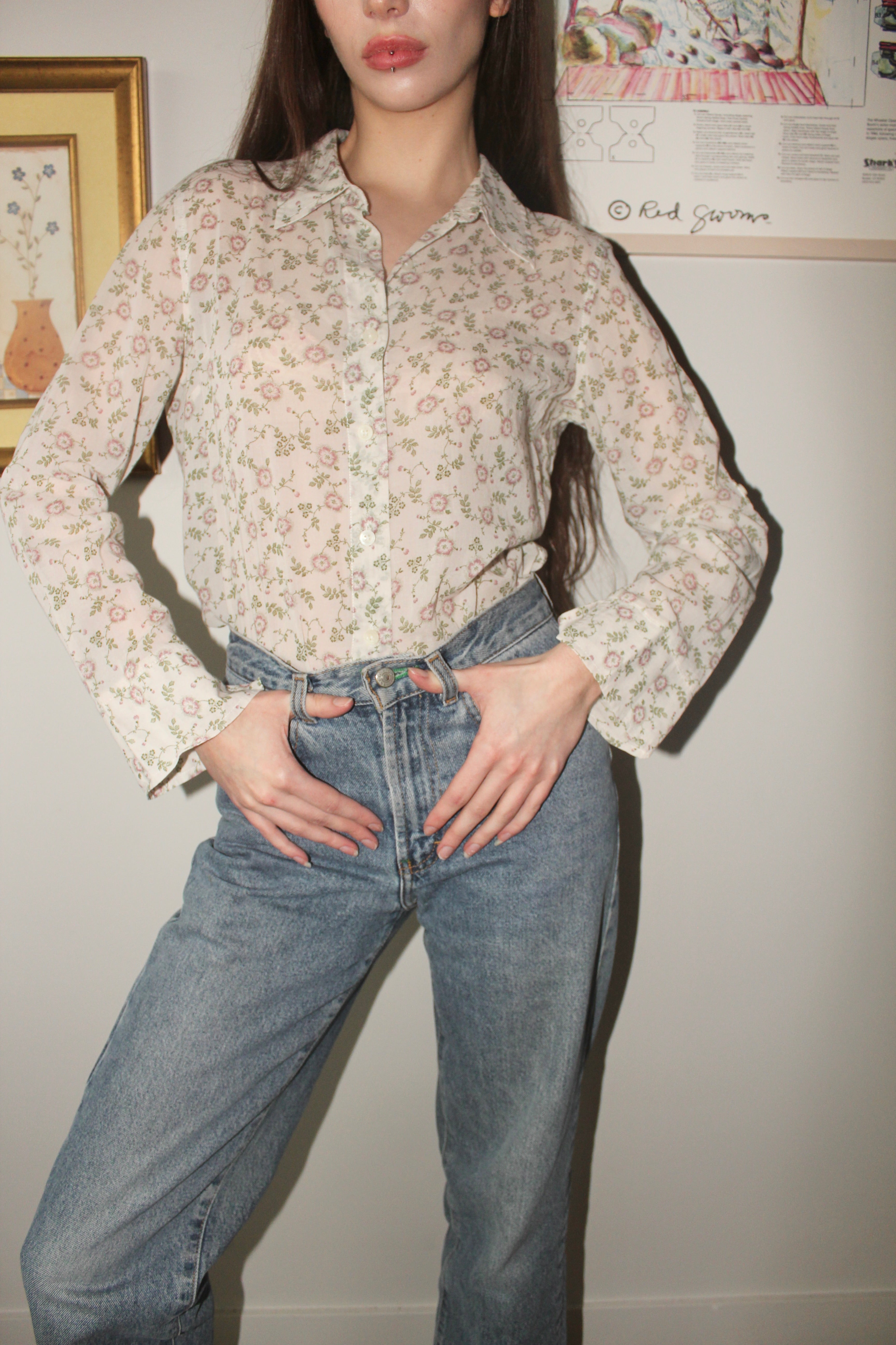 Vintage 90s Peasant Floral Button Up (S)