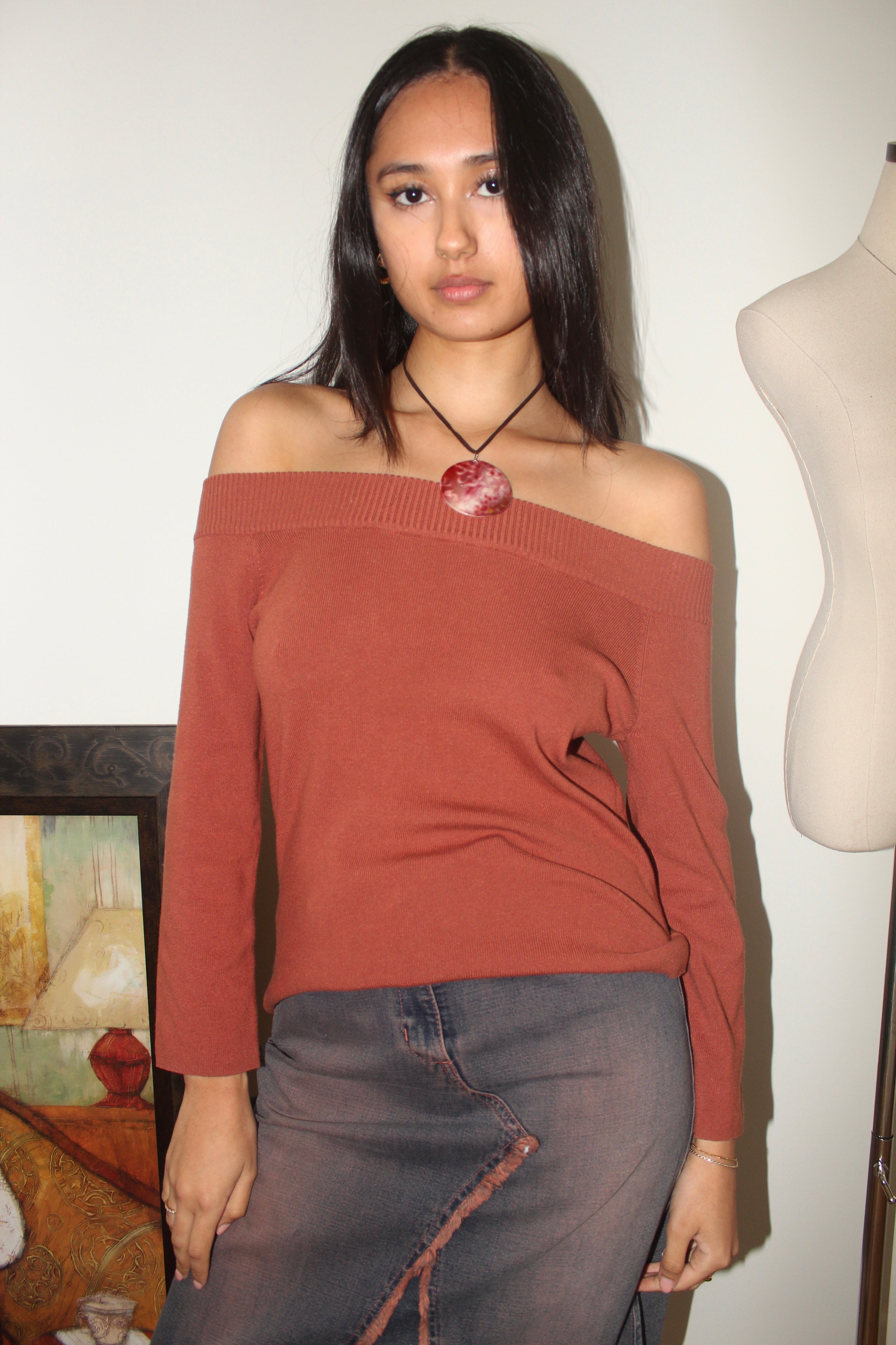 Vintage 90s Silk Apricot Off Shoulder Knit Top (S)