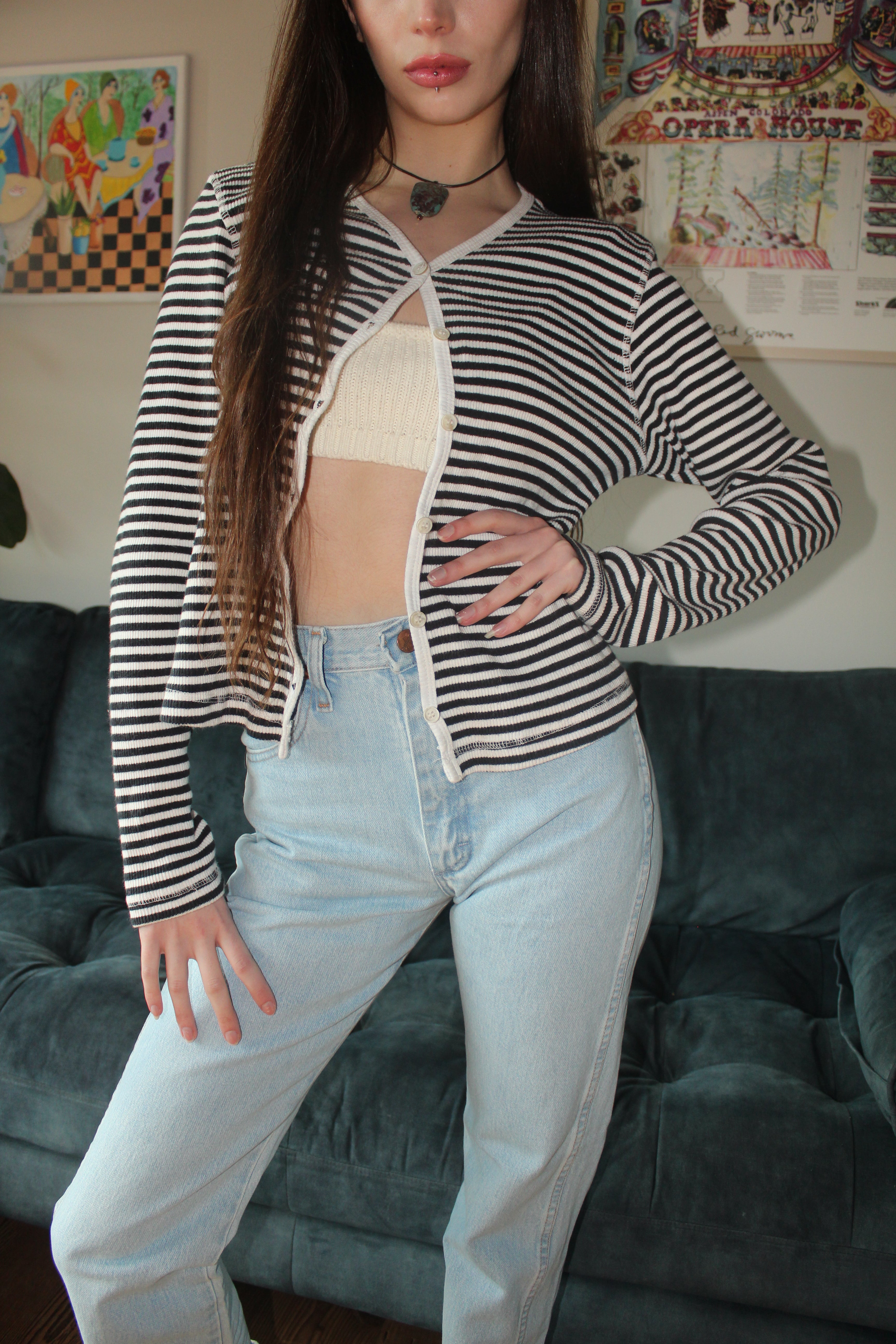 Vintage 90s Retro Striped Knit Cardigan (S/M)