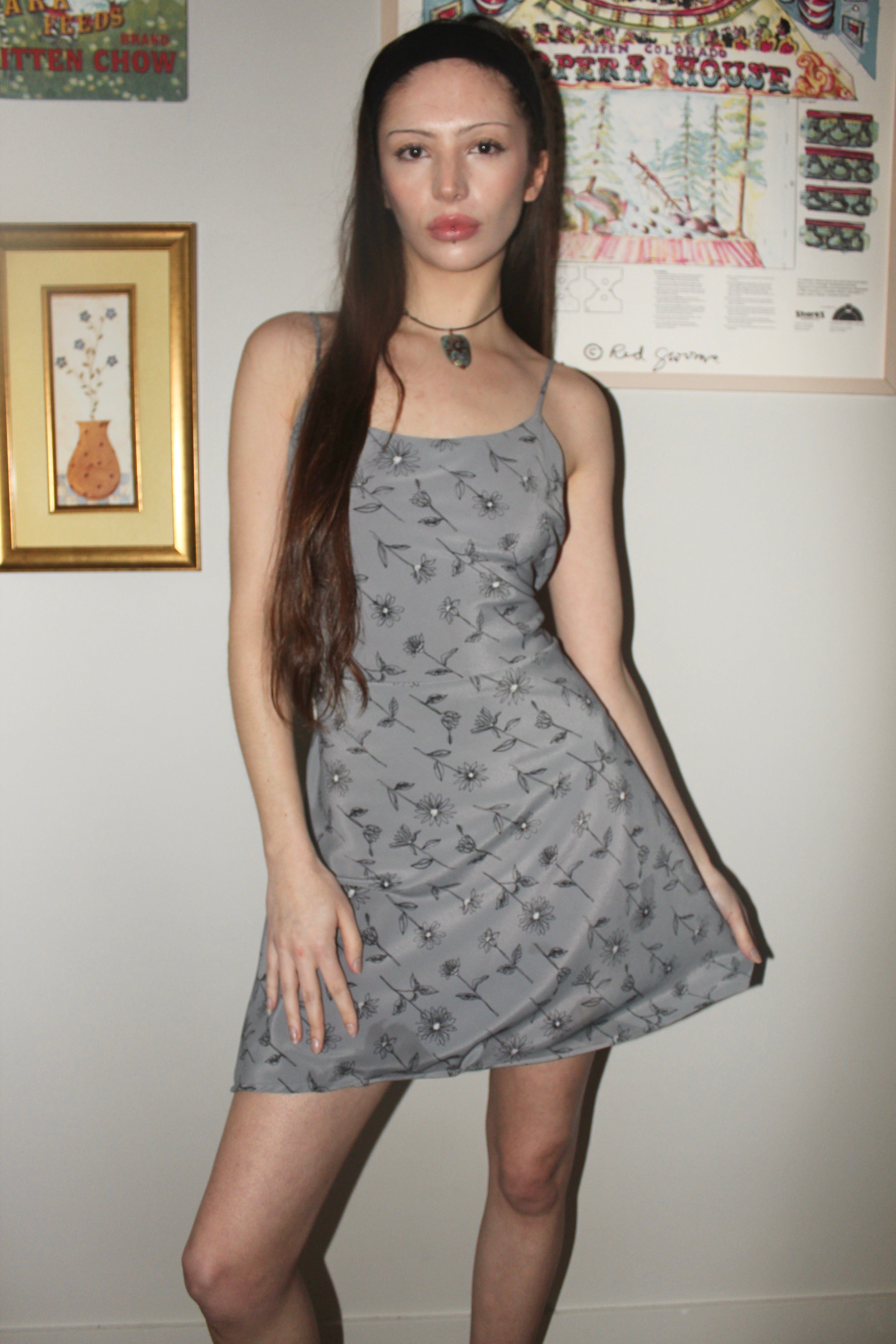 Vintage 90s Floral Tie Back Mini Slip Dress (M)