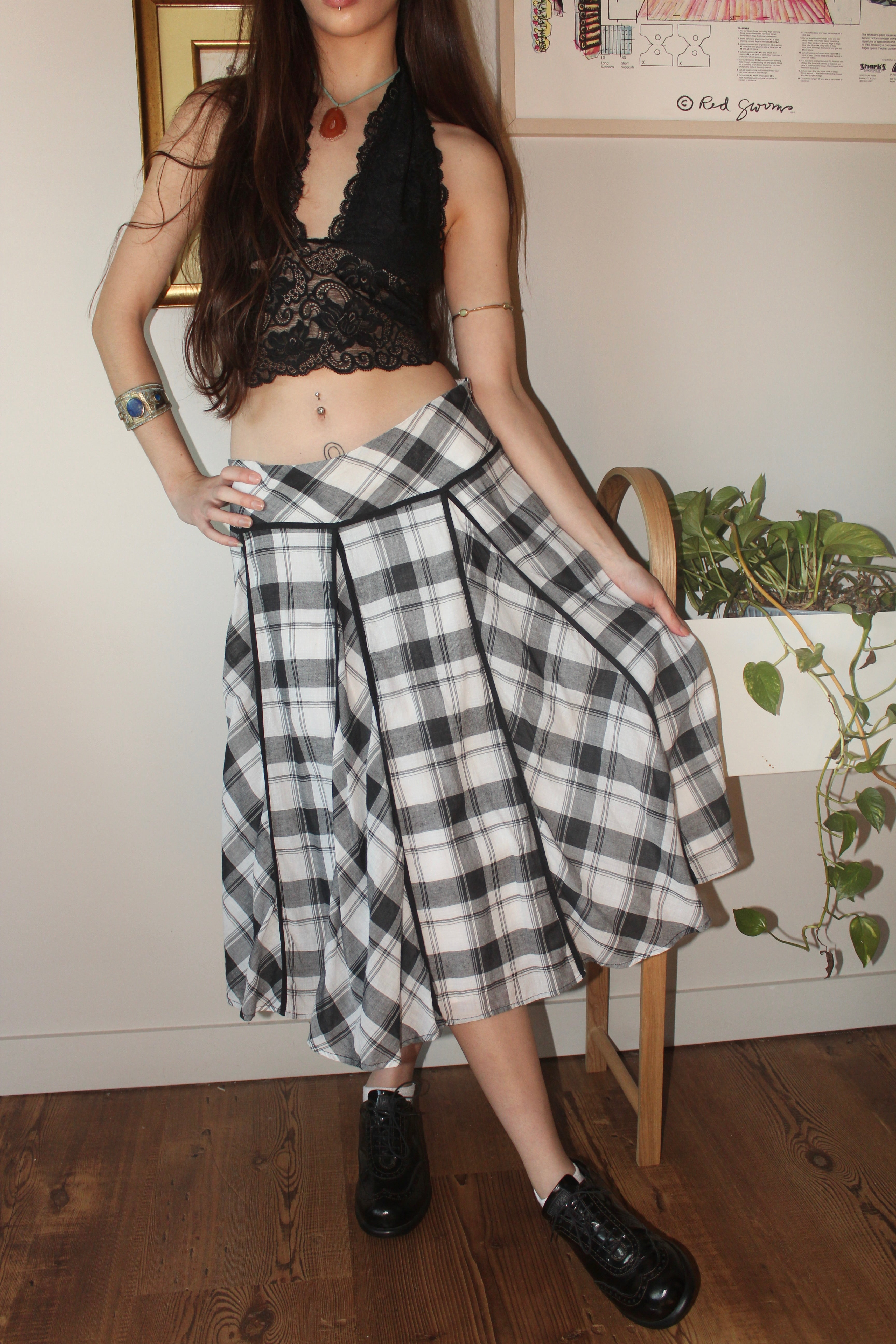 Vintage Y2K Mixed Plaid Midi Skirt (M)