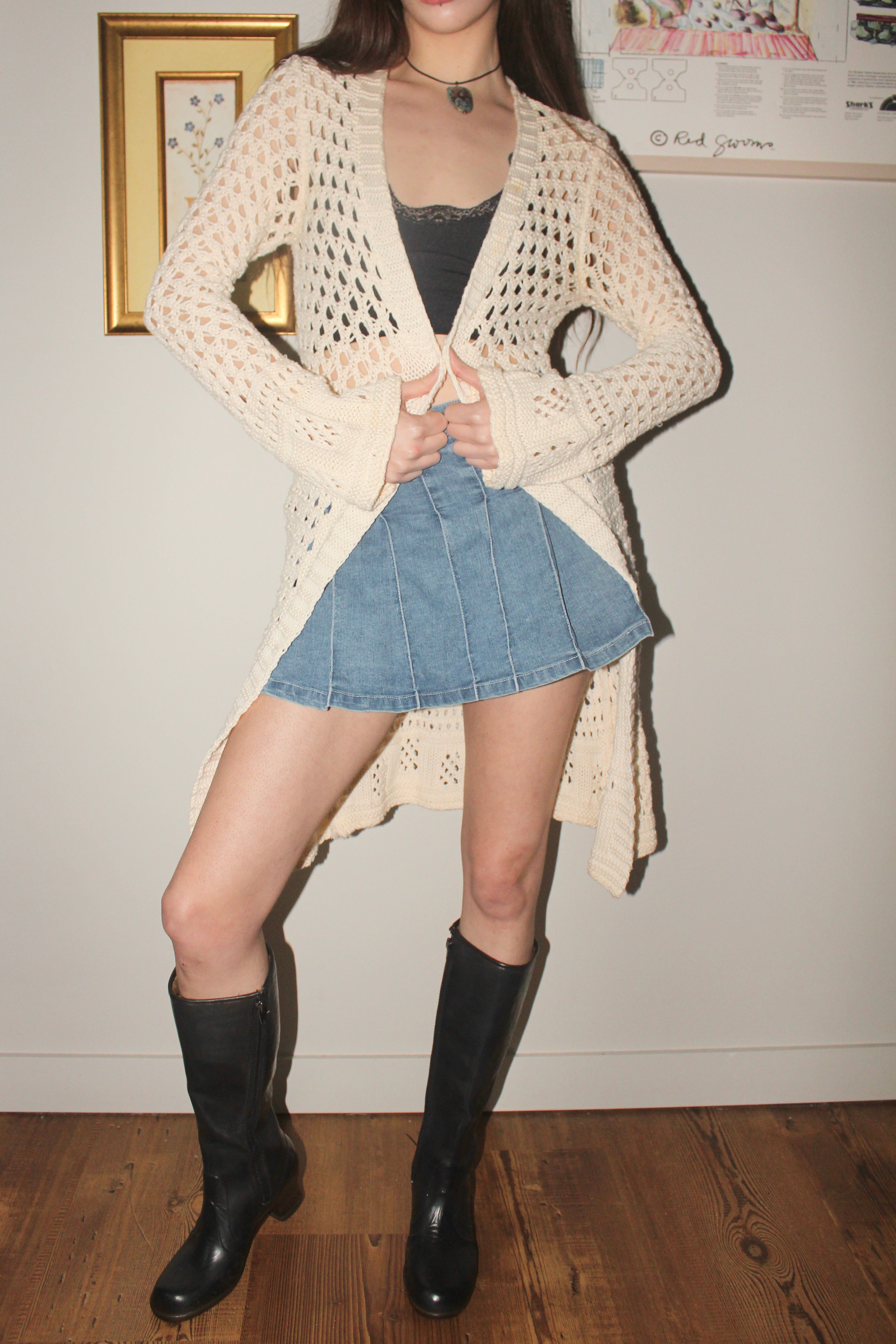Vintage 90s Cream Crochet Longline Knit (S/M)