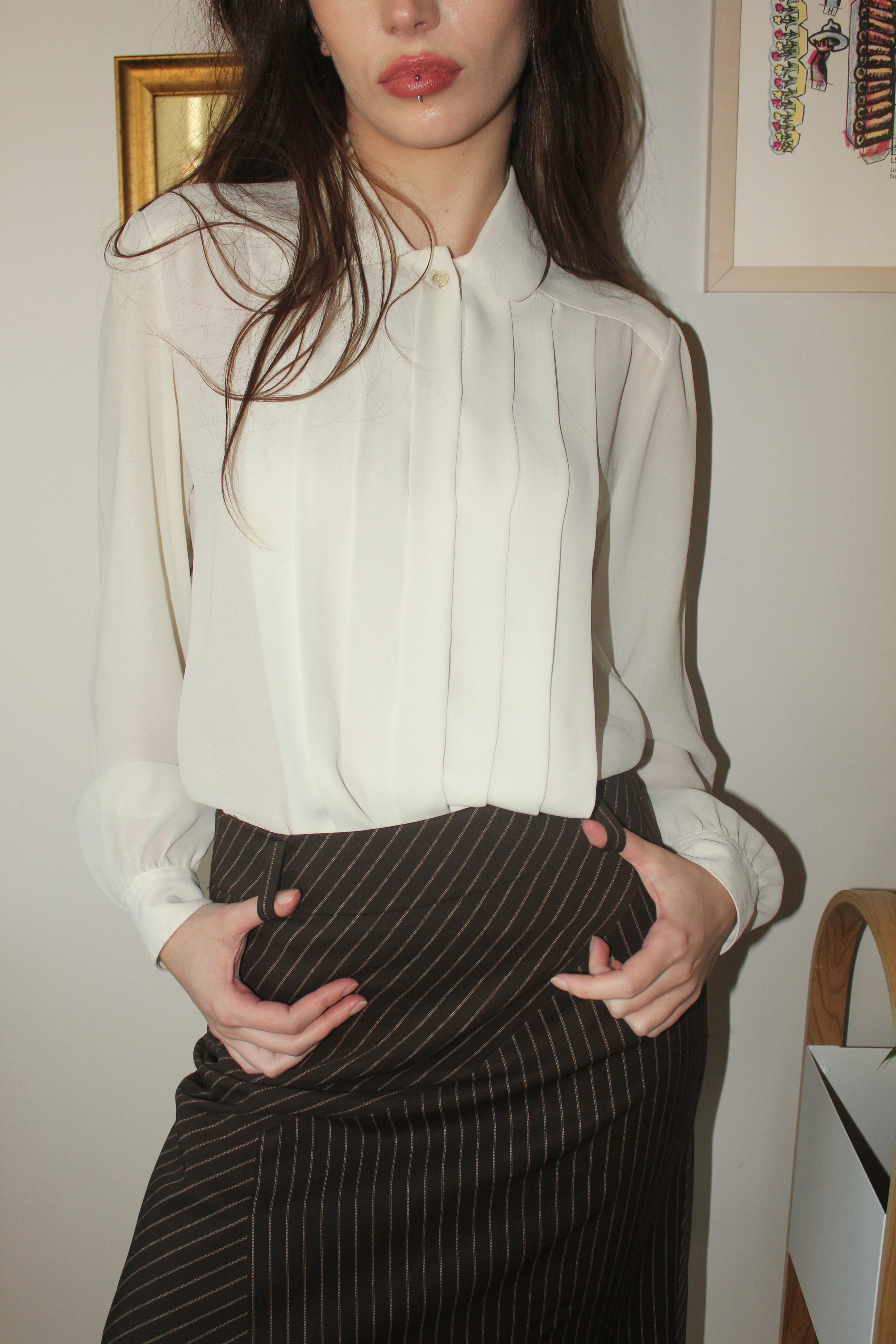 Vintage 80s Ivory Pleated Blouse (M)