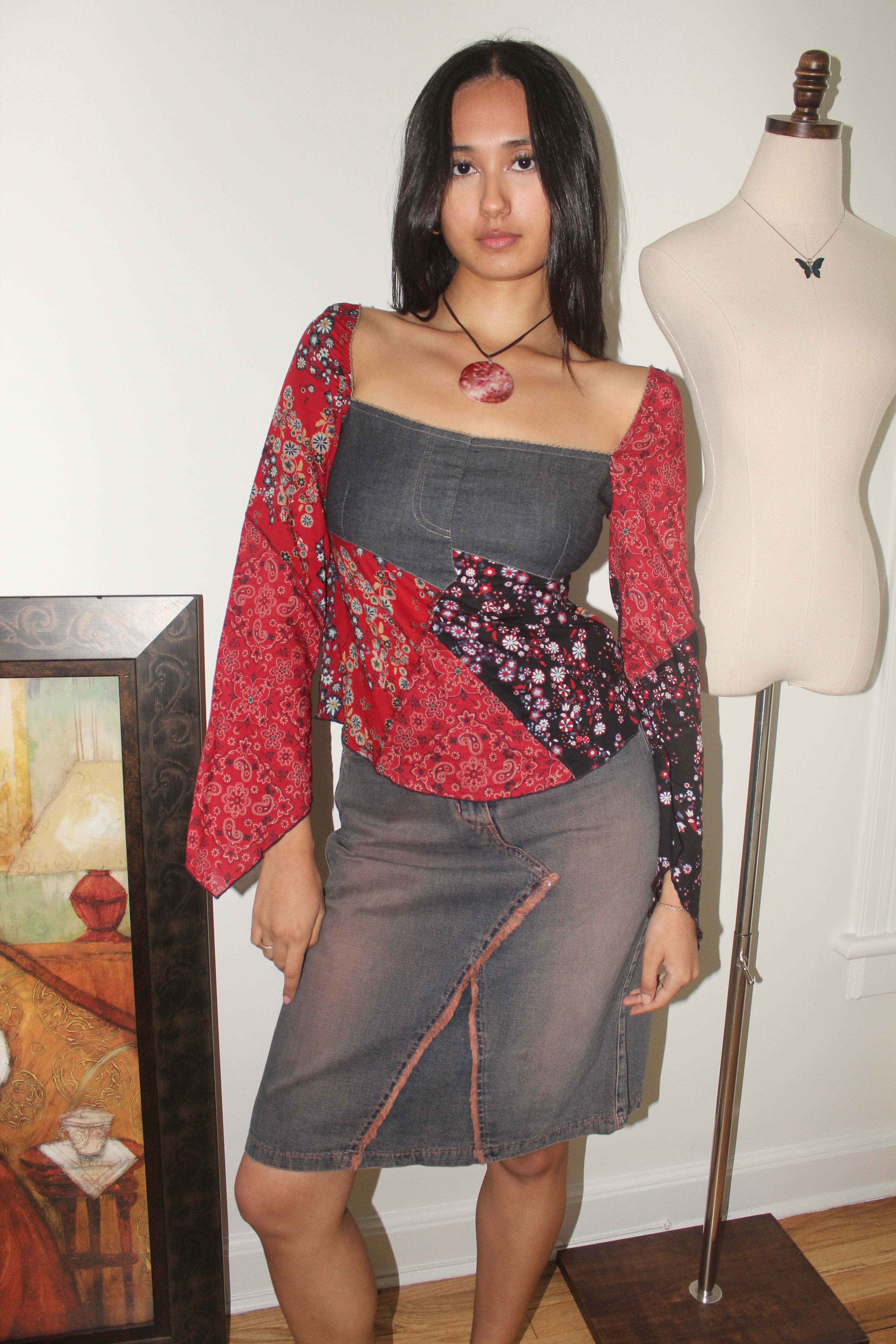 Vintage Y2K DKNY Patchwork Denim Boho Blouse (XS/S)