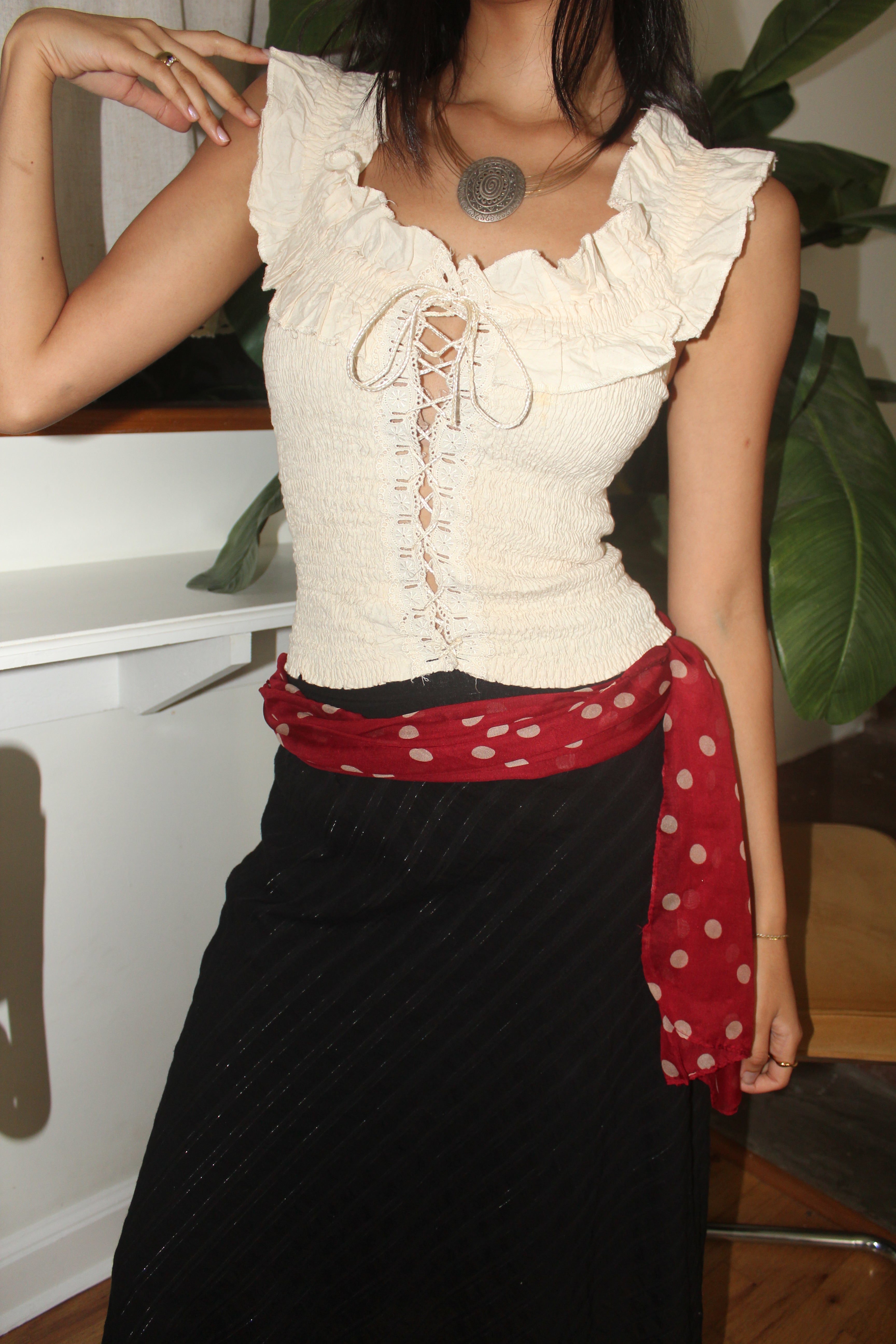 Vintage 90s Ruffled Lace Up Prairie Corset Top (XS/S)