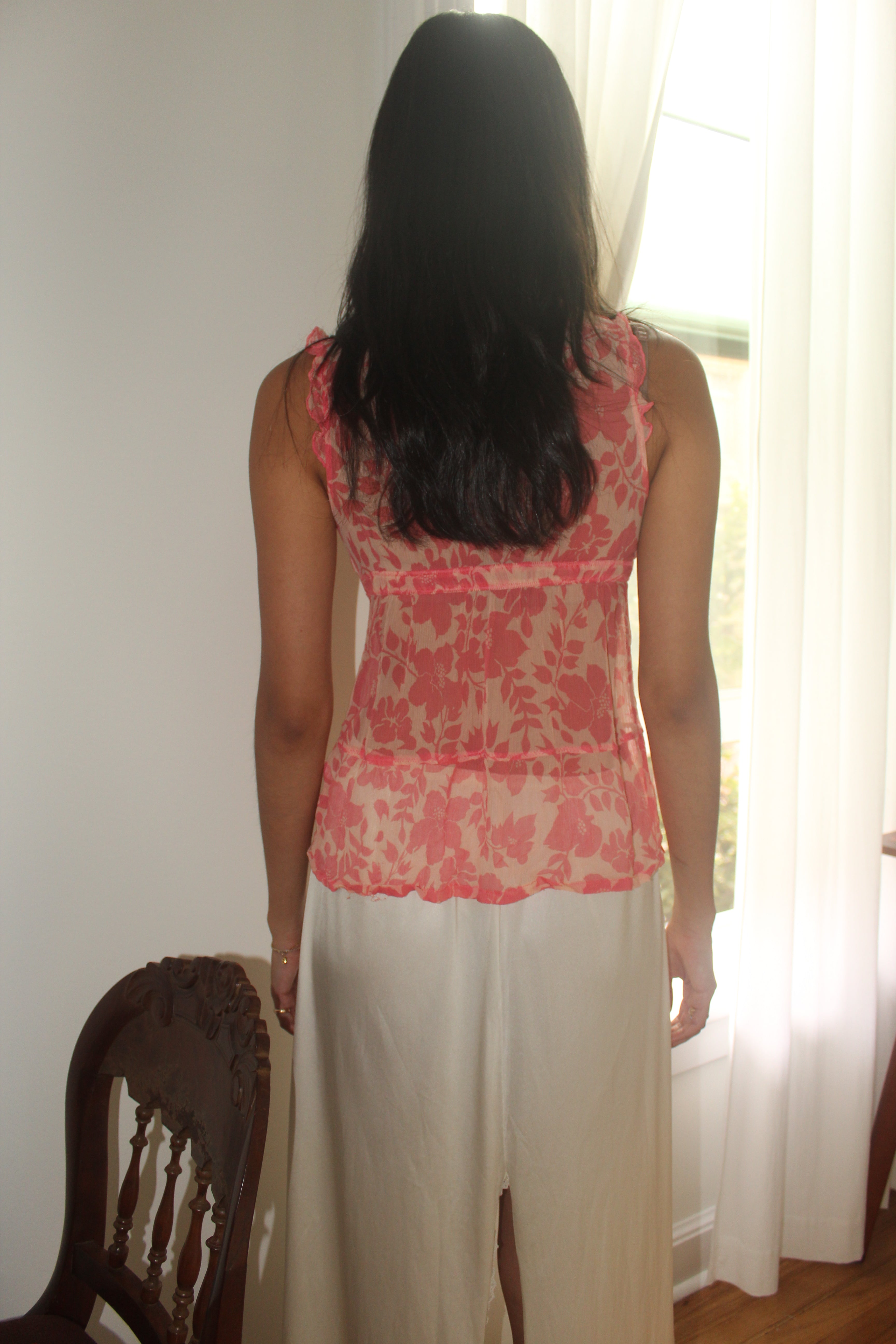 Vintage 90s Semi Sheer Ruffled Silk Tie Blouse (S)