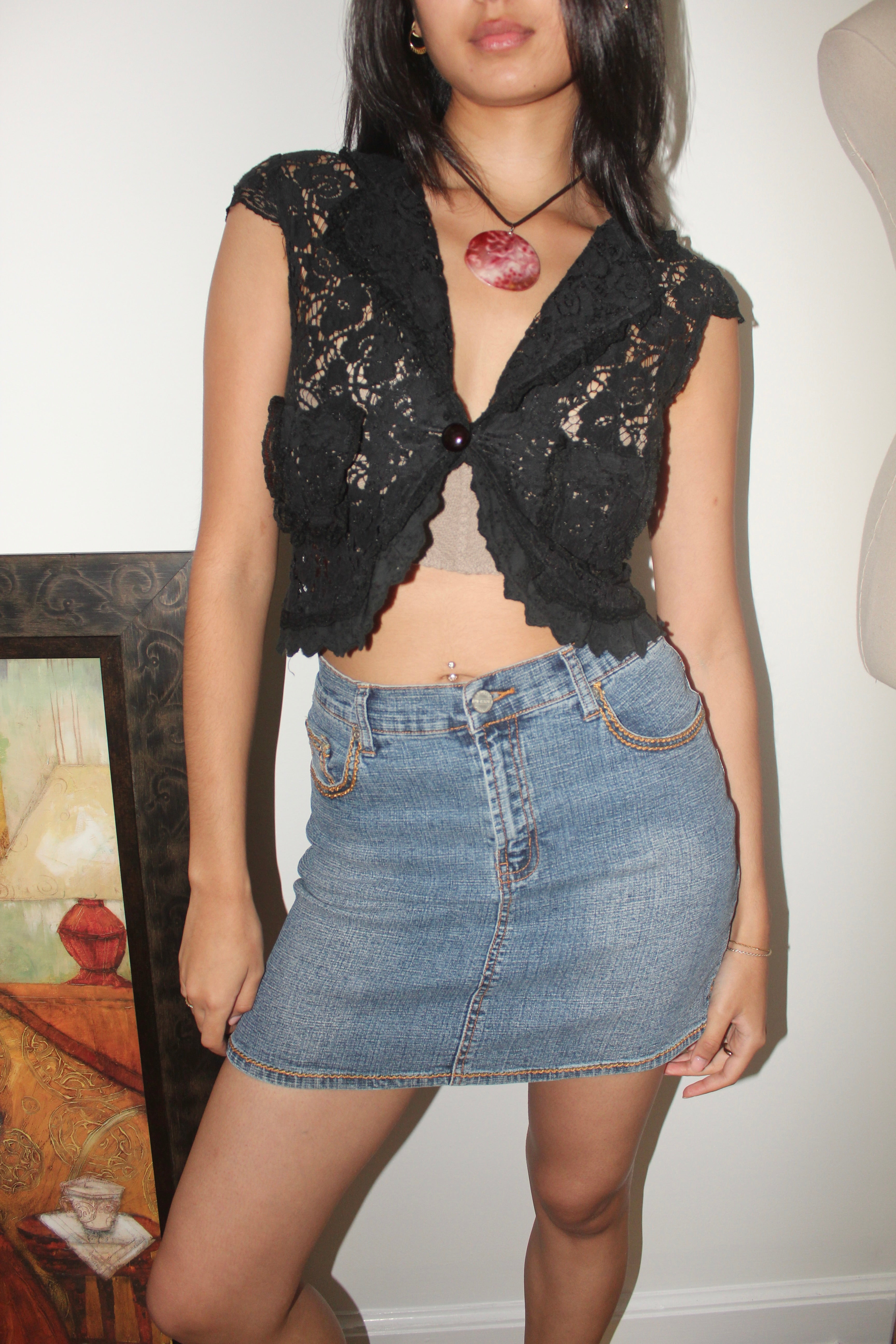 Vintage 90s Cropped Lace Vest Top (XS)