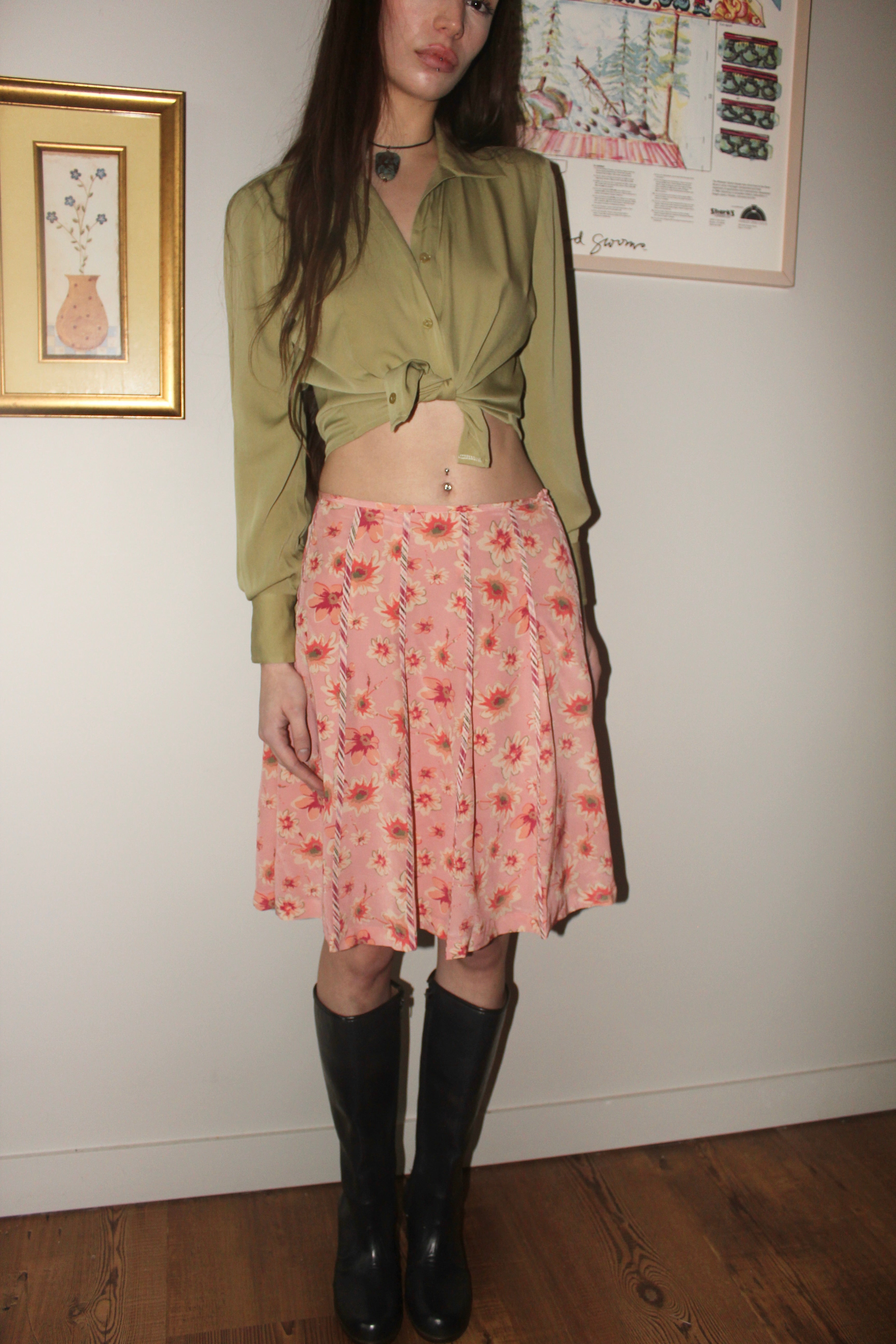 Vintage 90s SIlk Floral Midi Skirt (S)