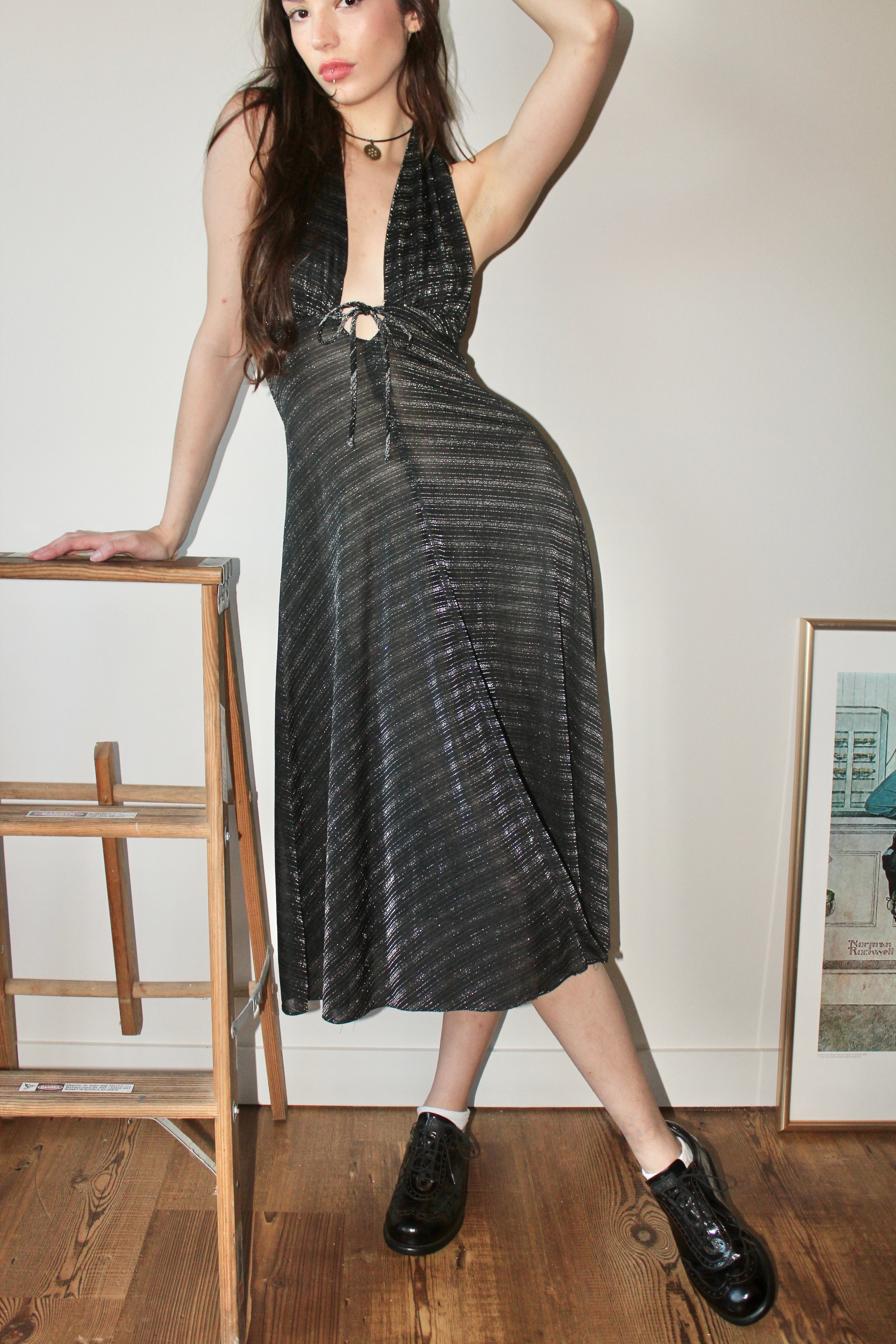 Vintage 90s Semi-Sheer Striped Tie Halter Dress (S)