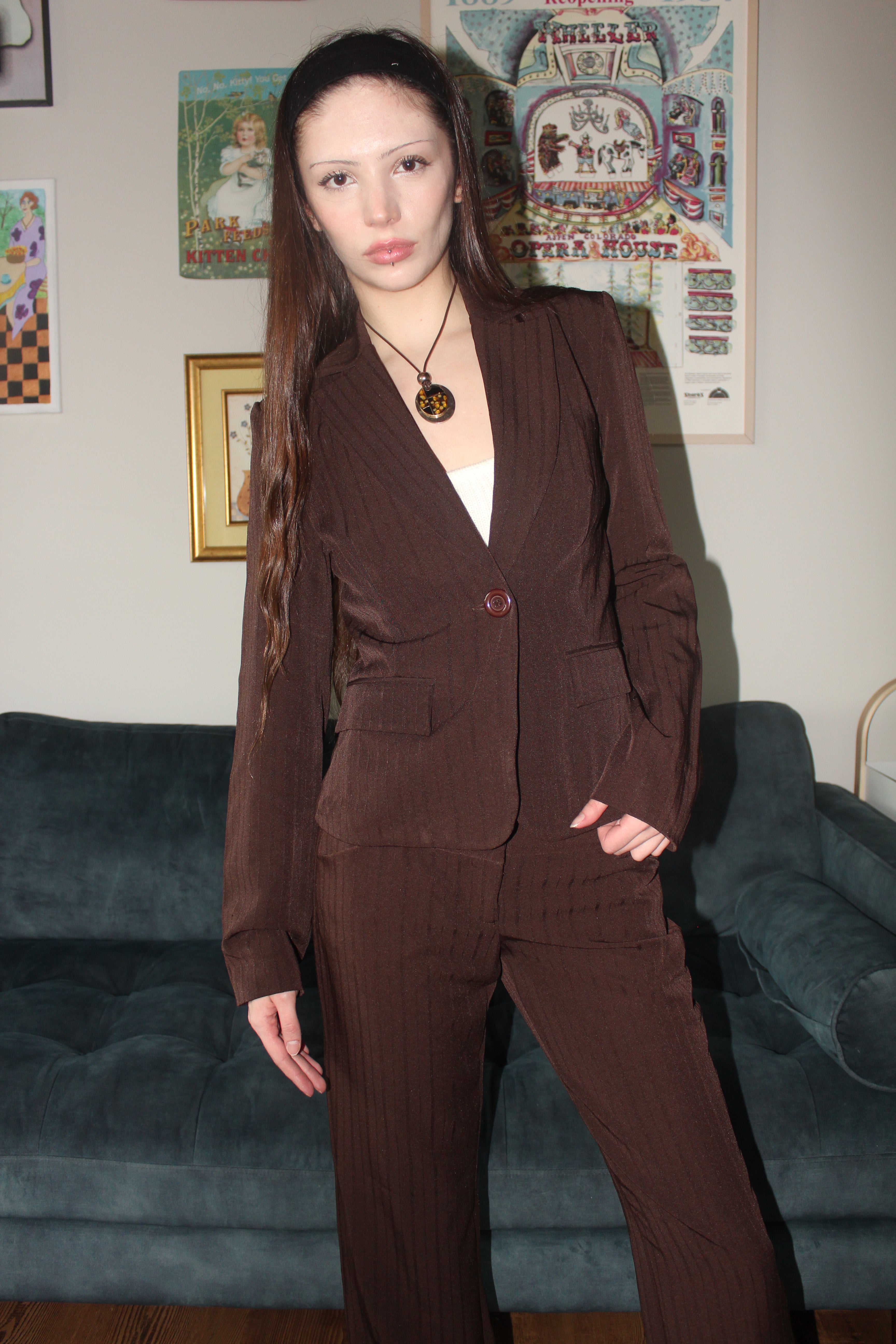 Vintage 90s Chocolate Striped Suit Set (S)