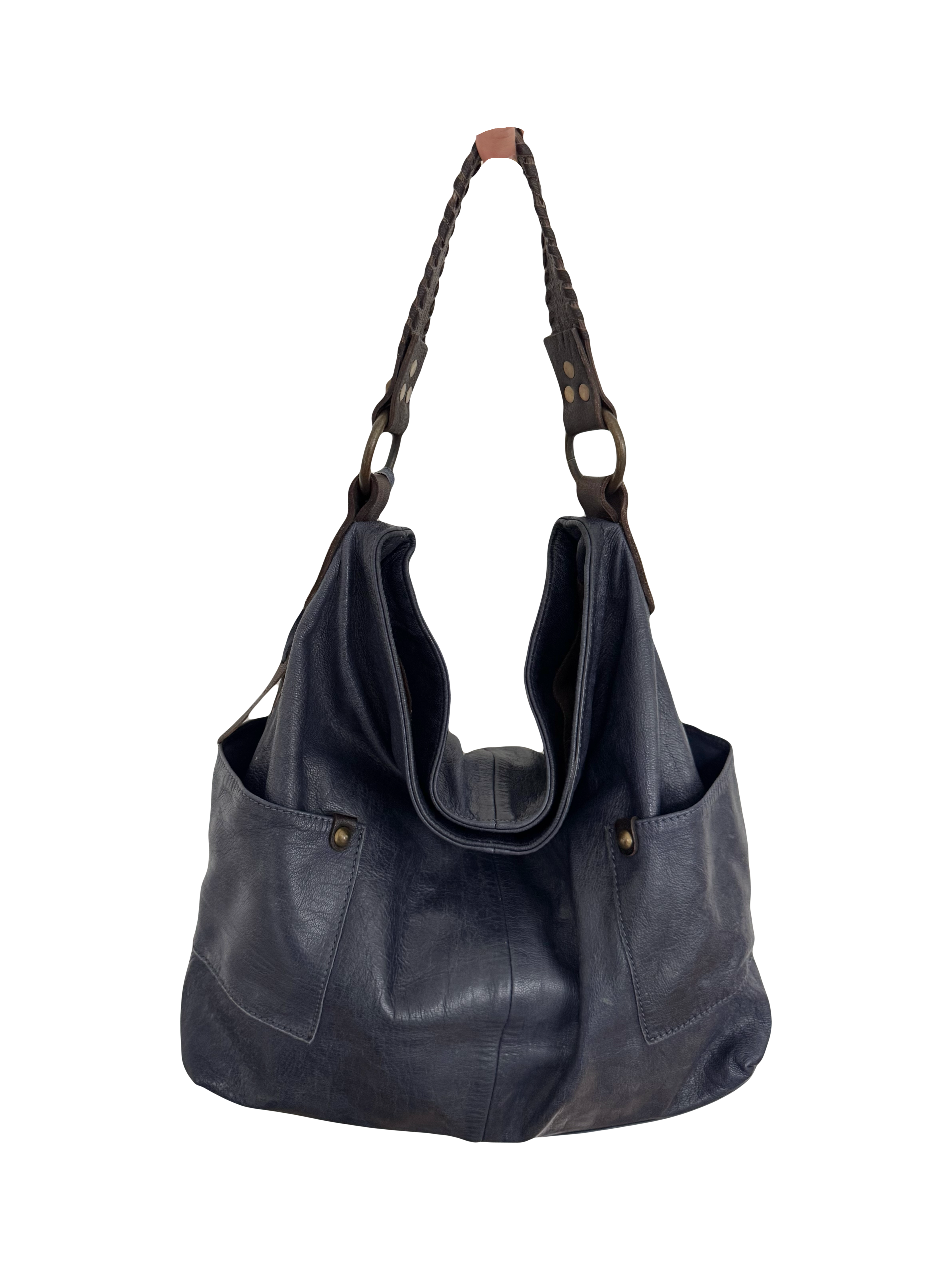 Vintage Navy Blue Leather Slouchy Moto Purse