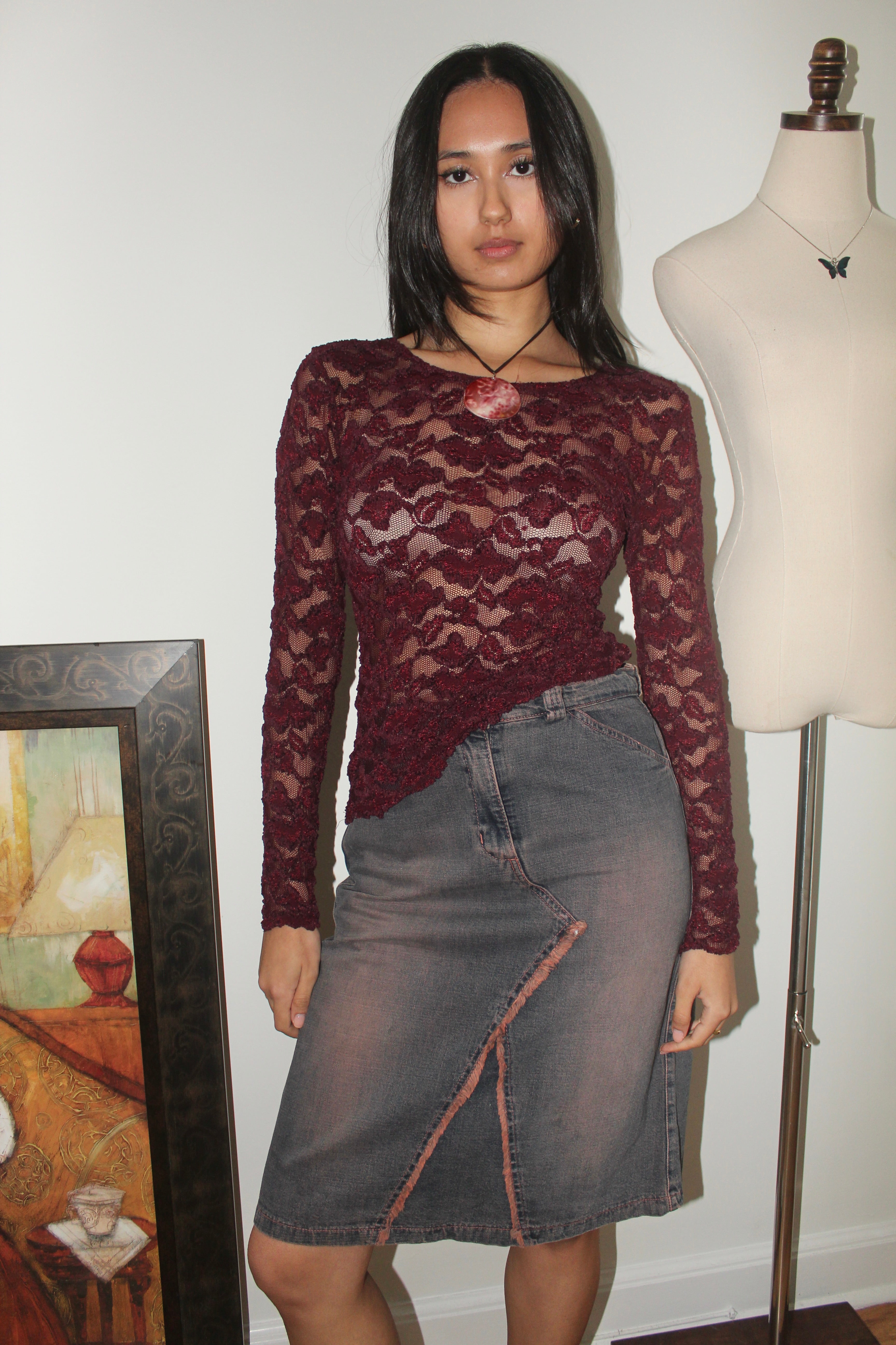Vintage 90s Mauve Lace Knit Top (S)