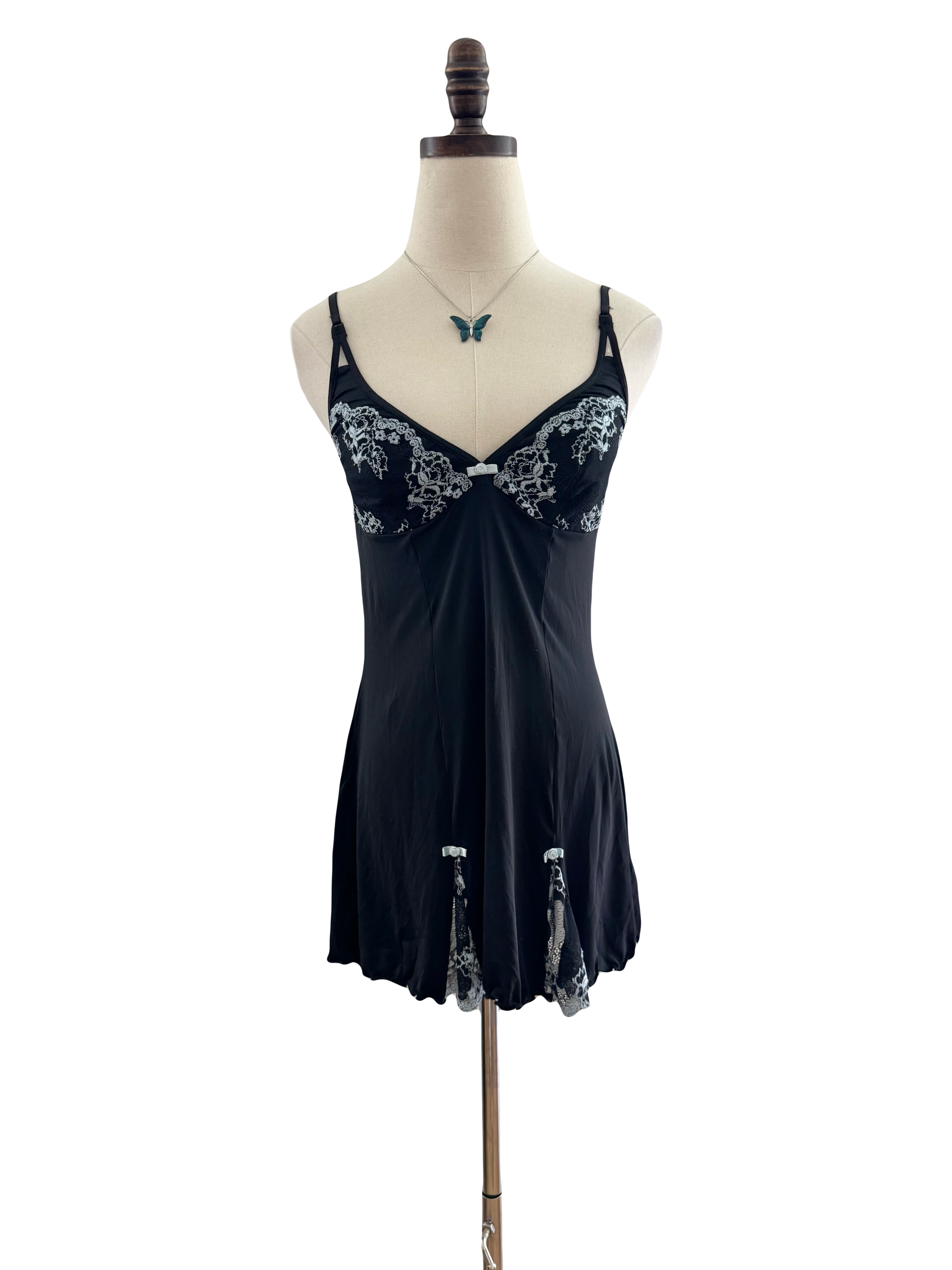 Vintage Y2K Blue Embroidered Mini Slip Dress (S)