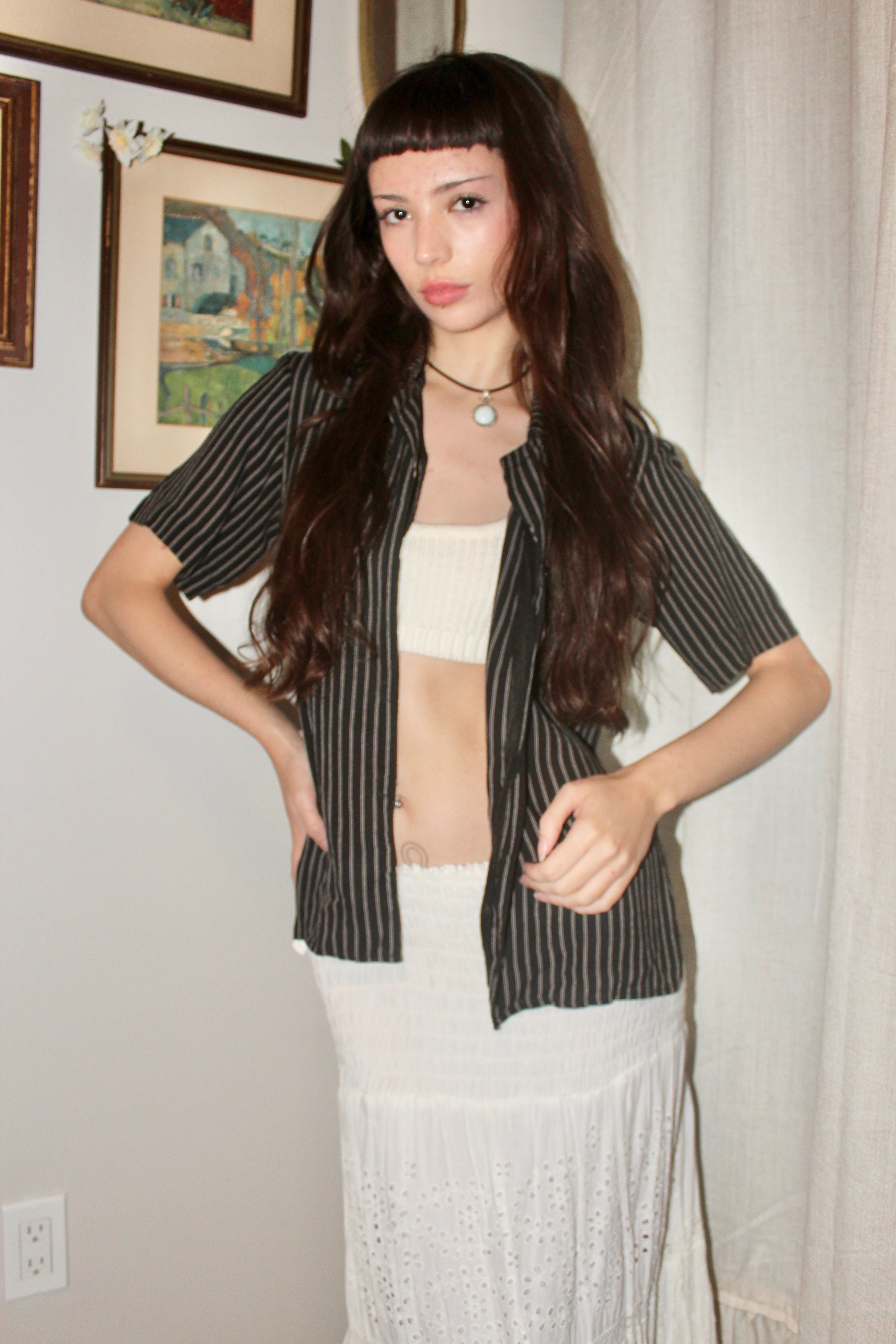 Vintage 90s Silk Striped Short Sleeve (S-M)