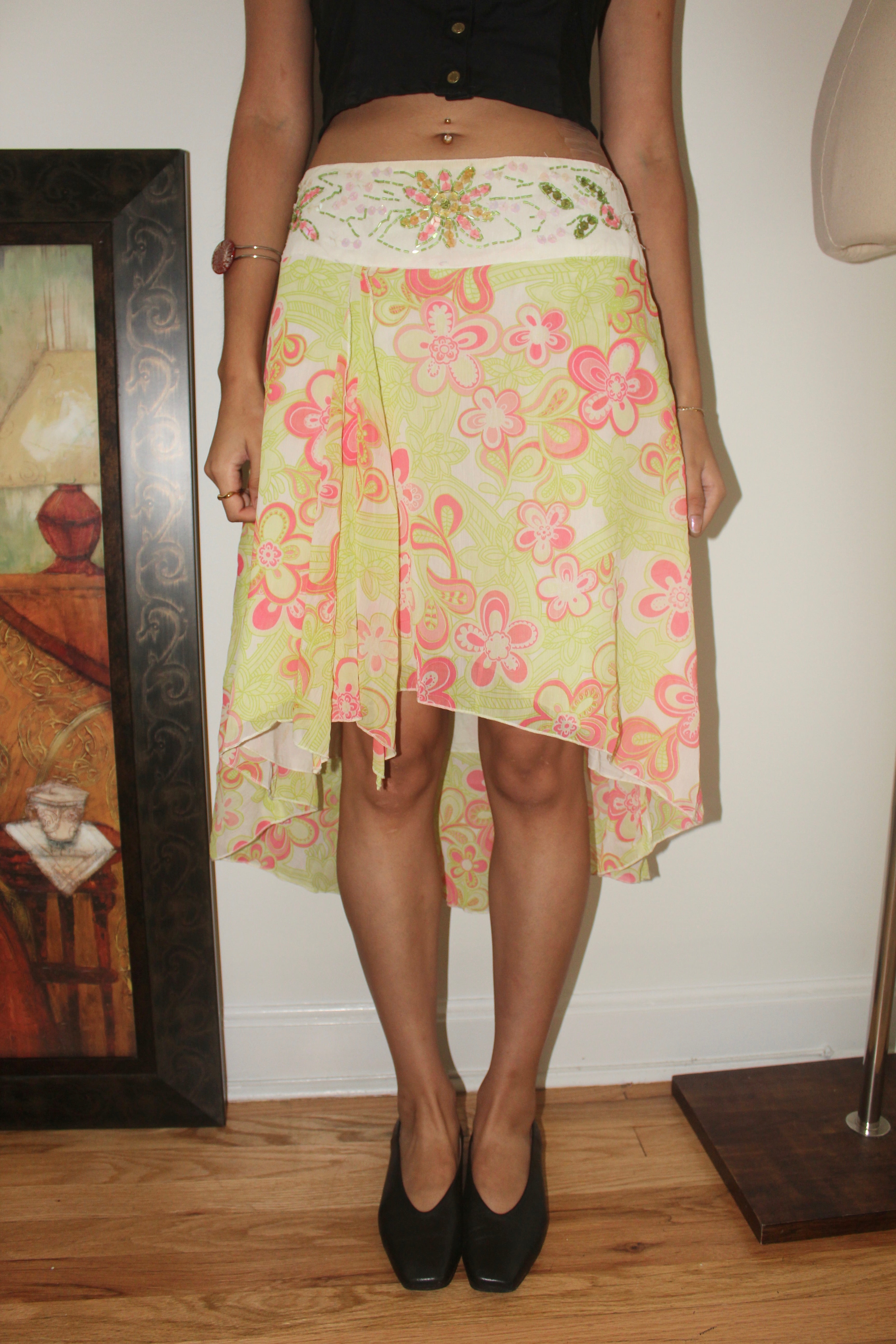 Vintage 90s Beaded Floral Asymmetrical Midi Skirt (S)