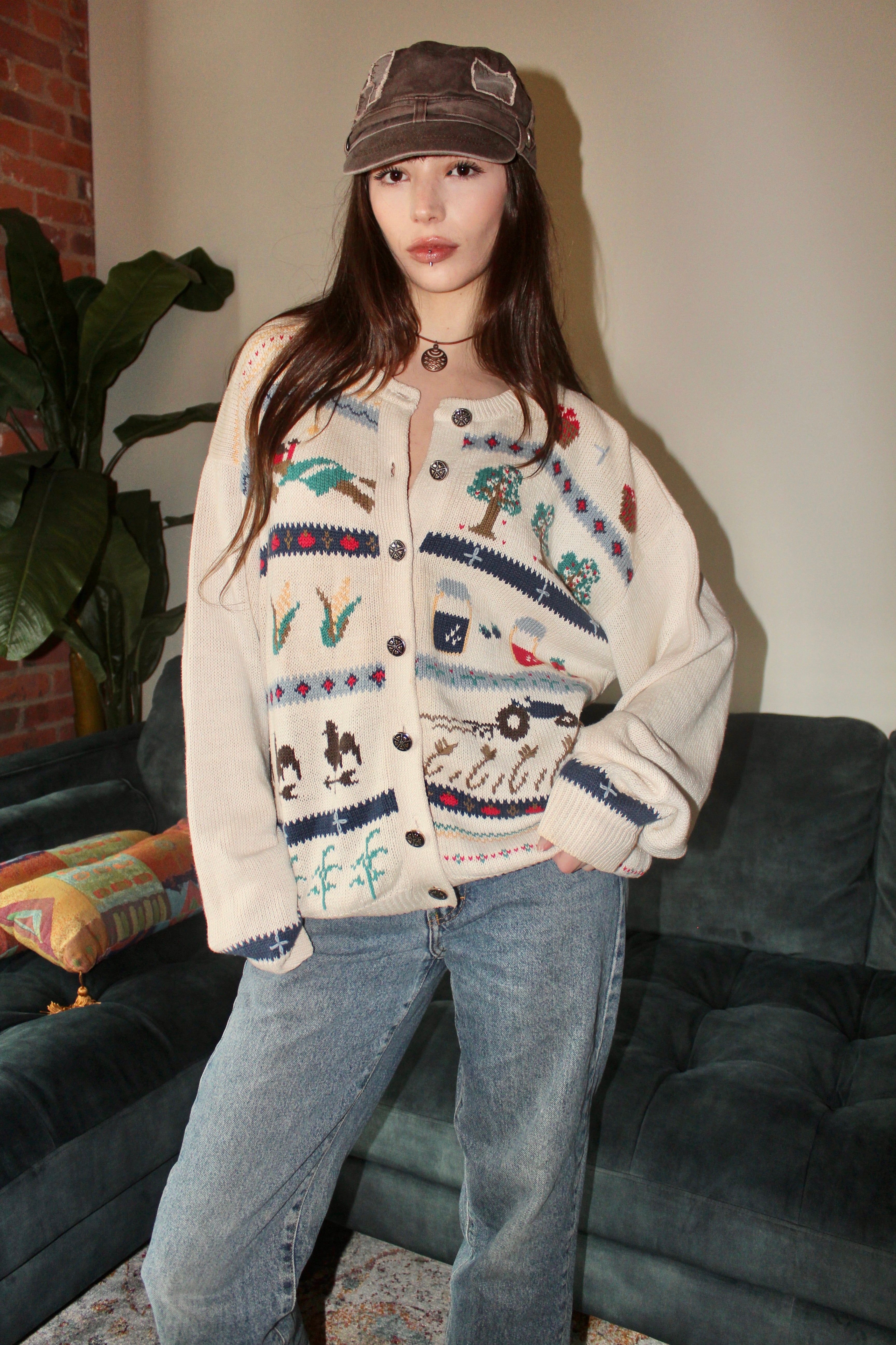 Vintage 90s Farmhouse Embroidered Cardigan (L)