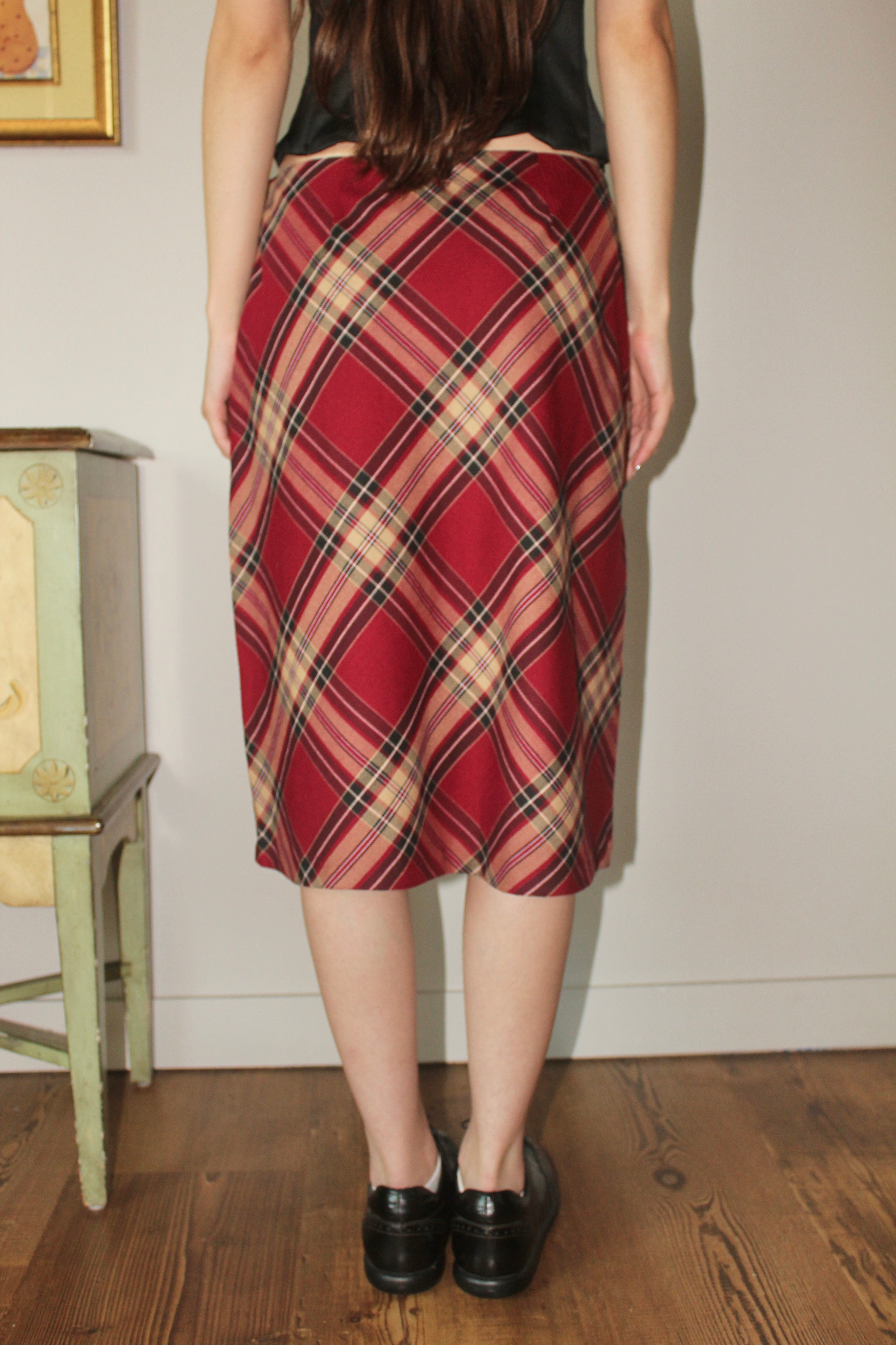 Vintage 90s Raspberry Plaid Midi Skirt (M)