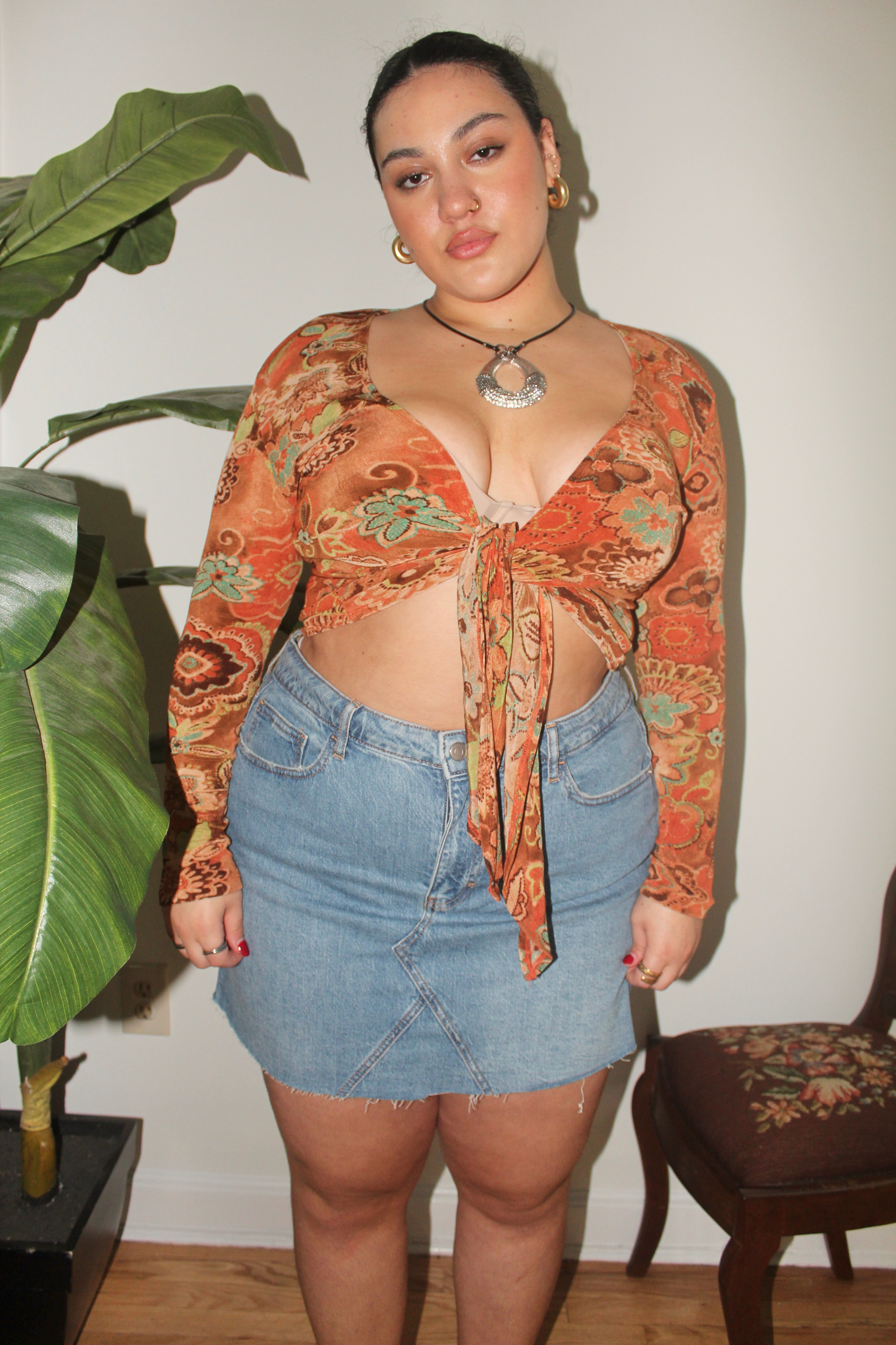 Vintage 90s Tangerine Floral Boho Tie Knit (L/XL)
