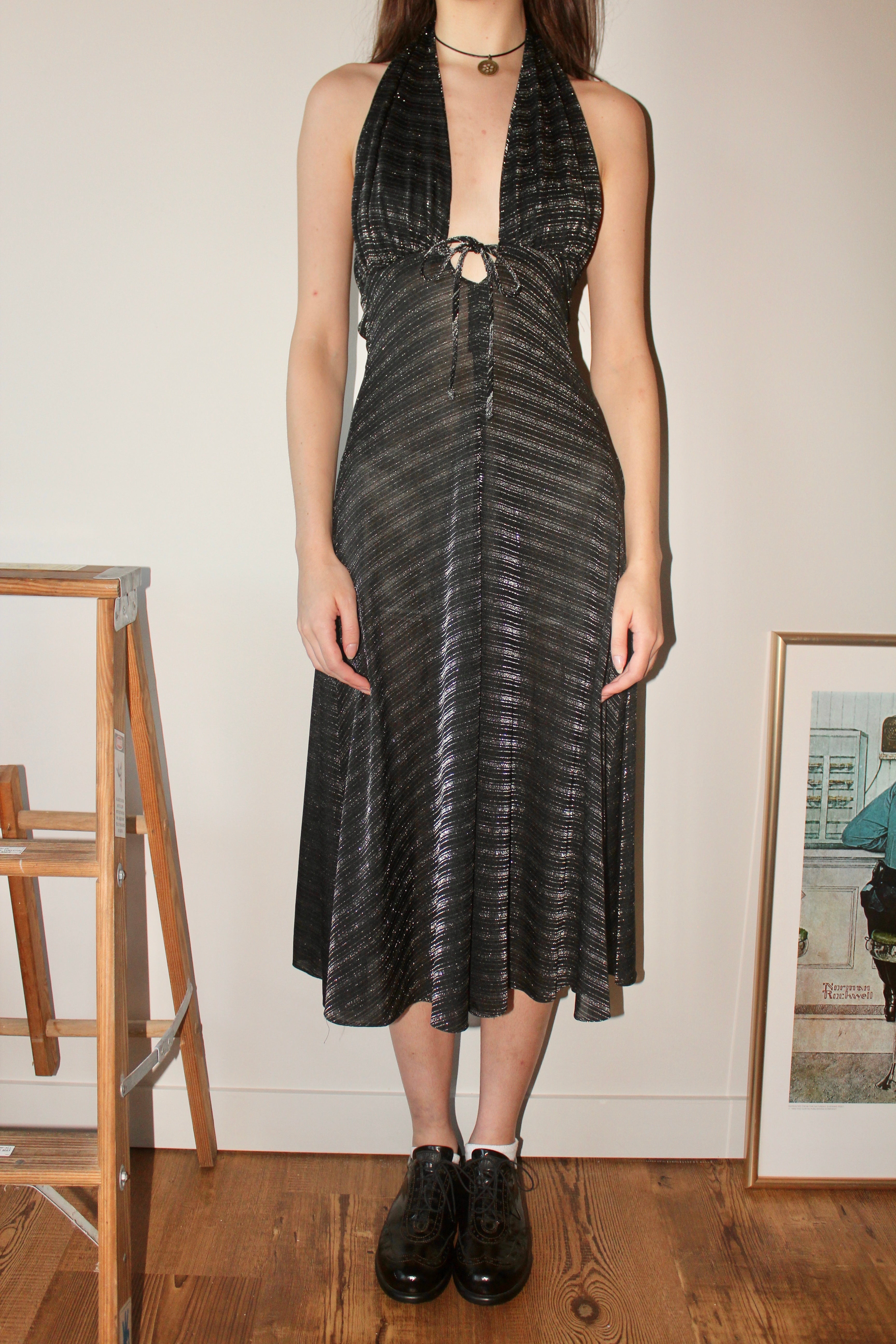 Vintage 90s Semi-Sheer Striped Tie Halter Dress (S)